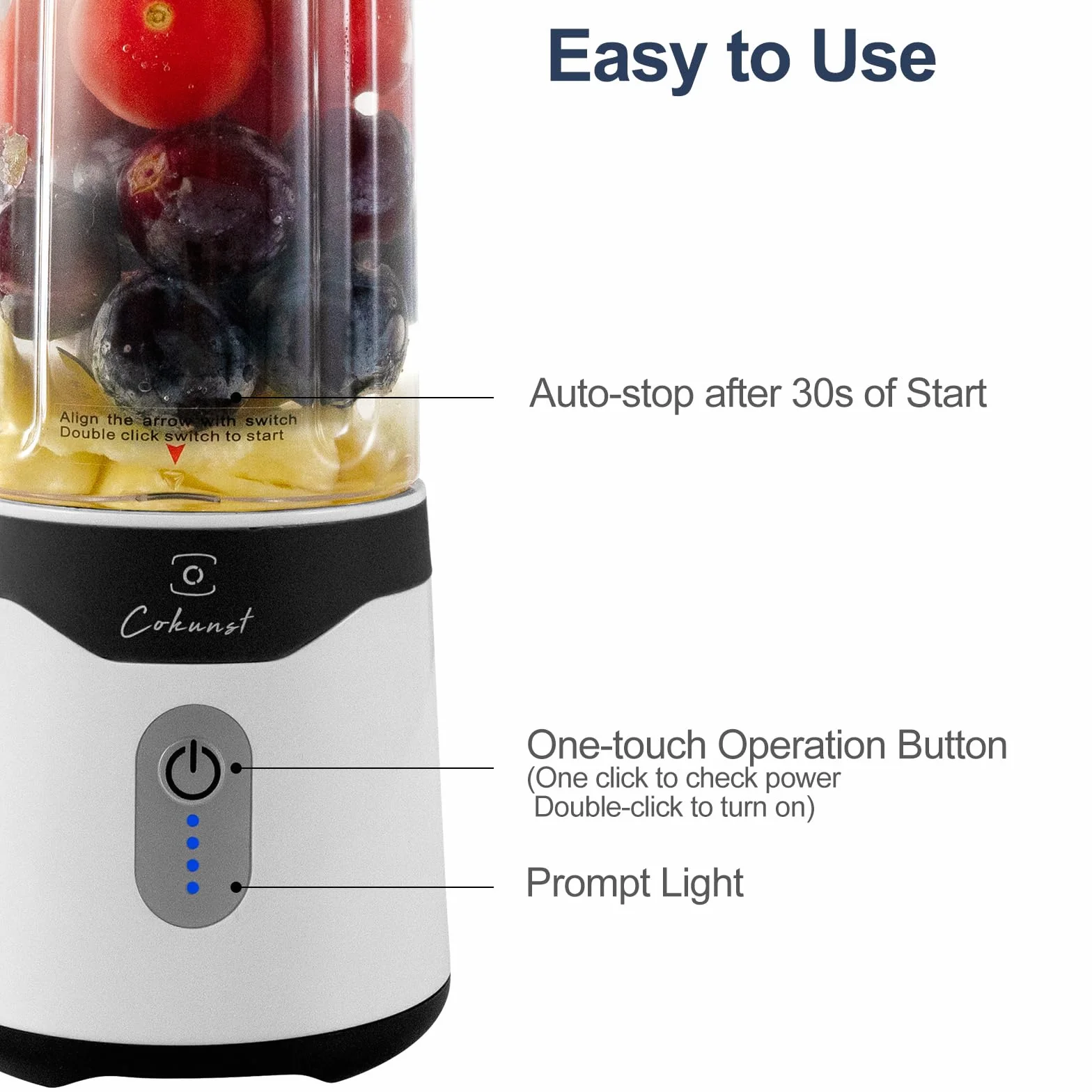 COKUNST Przenośny blender, osobisty 500 ml do smoothie i shake, mały ładowany przez USB, z wydajnymi 6 ostrzami, mini pojedynczy z dodatkową pokrywką, do podróży, siłowni,