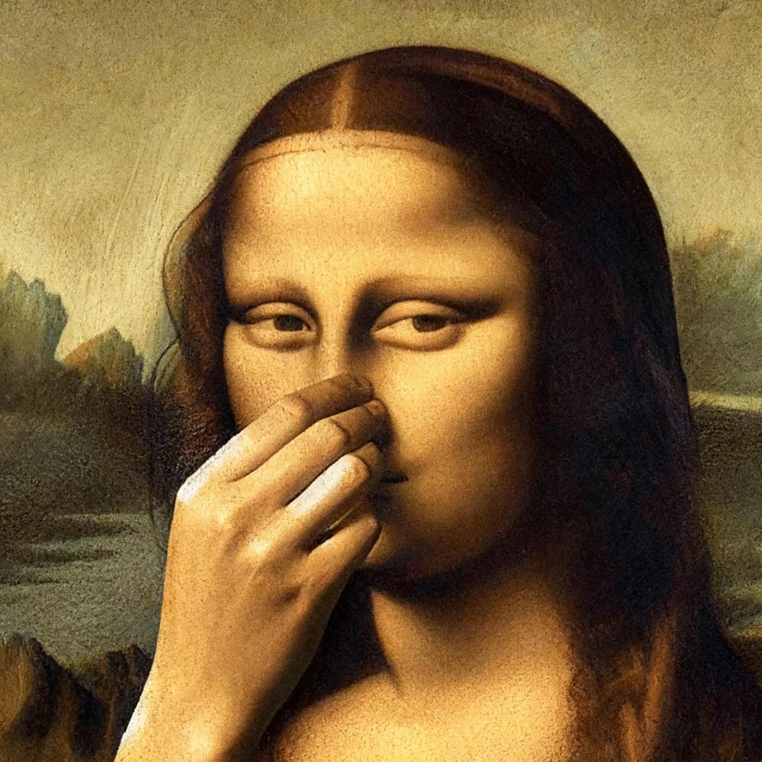 Plakat Mona Lisa z gestem od nosa do nosa 30x40 cm ironiczna dekoracja ścienna