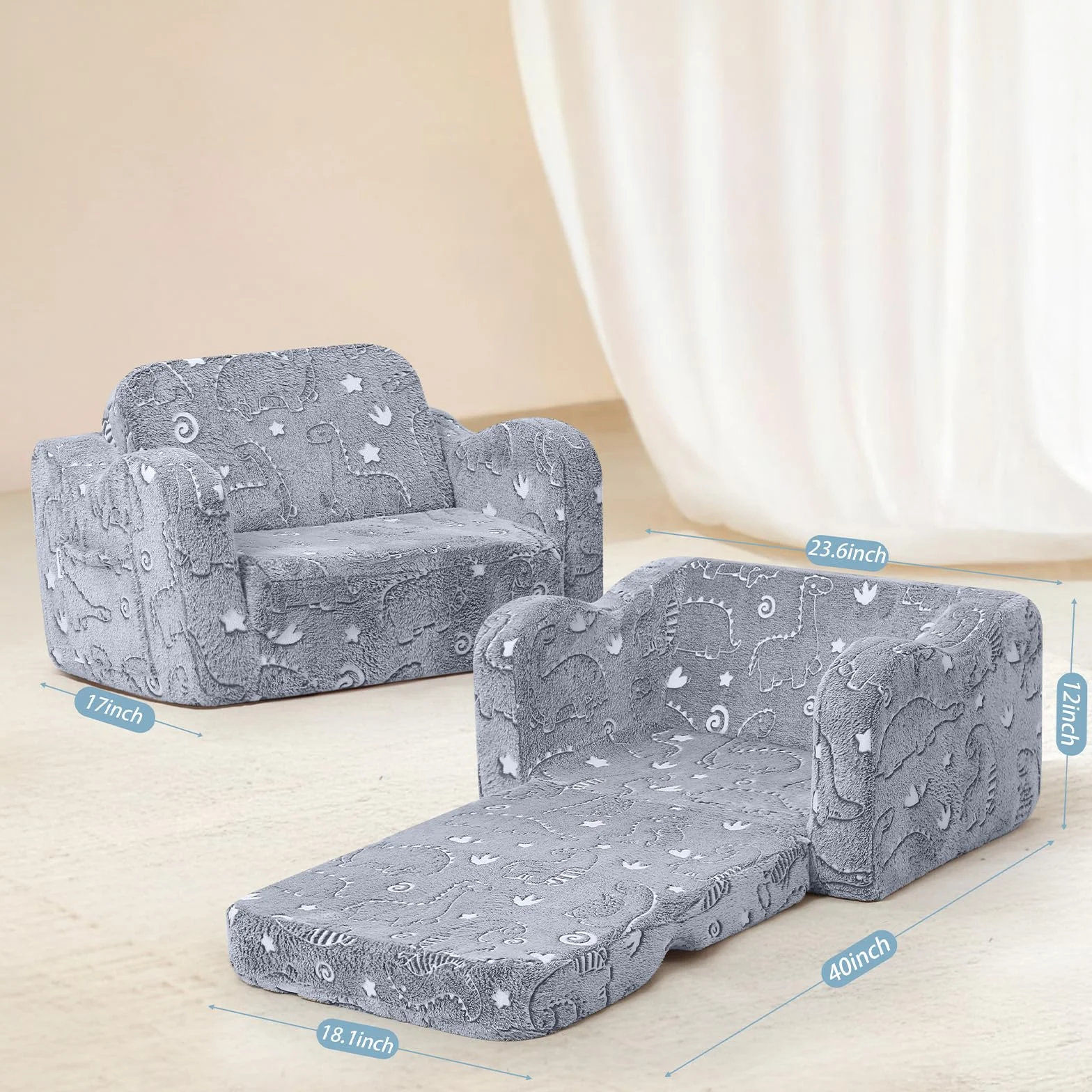 MeMoreCool Kanapa dla dzieci, składany fotel dla malucha, sofa, miękki plusz, rozkładana sofa dla dzieci, łóżko świecące w ciemności, wygodny leżak dla dziewczynek i chłopców, świecący dinozaur