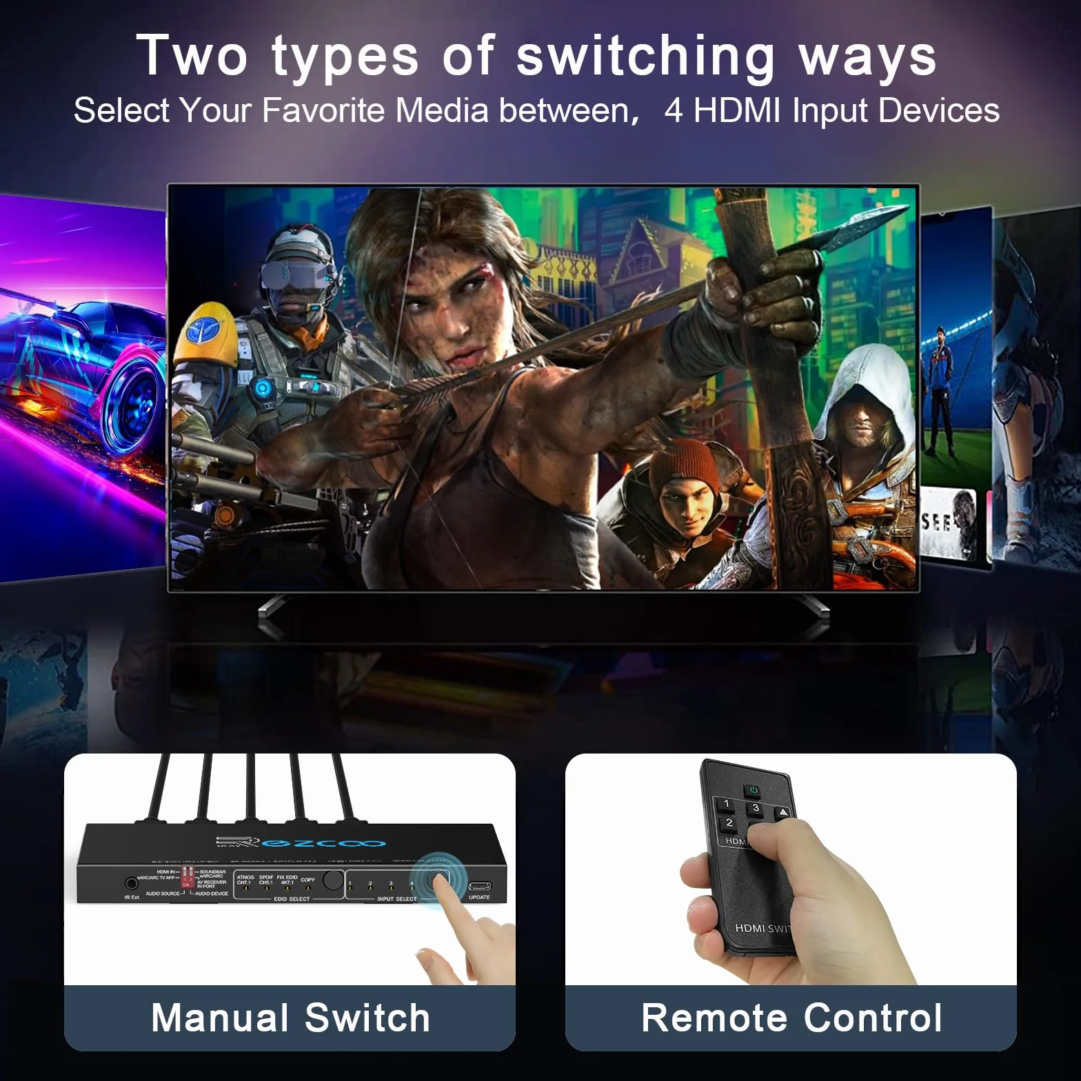Przełącznik HDMI 2.1 eARC 4K 120 Hz 4x1 Wyciąg audio VRR ALLM HDCP2.3 ARC HDR10 Optyczne SPDIF i wyjście audio 3,5 mm Przełącznik HDMI 4 IN 1 OUT IR Pilot Dolby Digital EDID dla PS5 XBOX NVIDIA AM