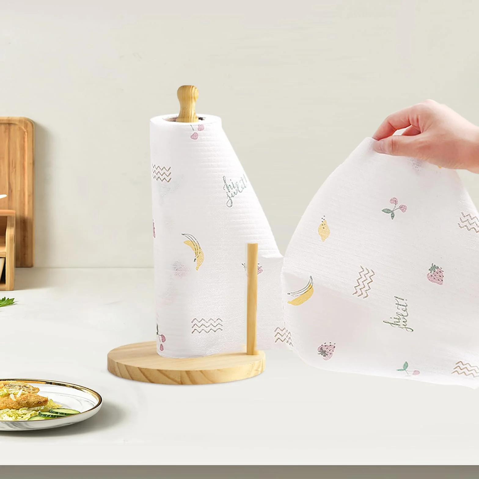 Drewniany uchwyt na ręczniki kuchenne i papier toaletowy z pomocą do odrywania