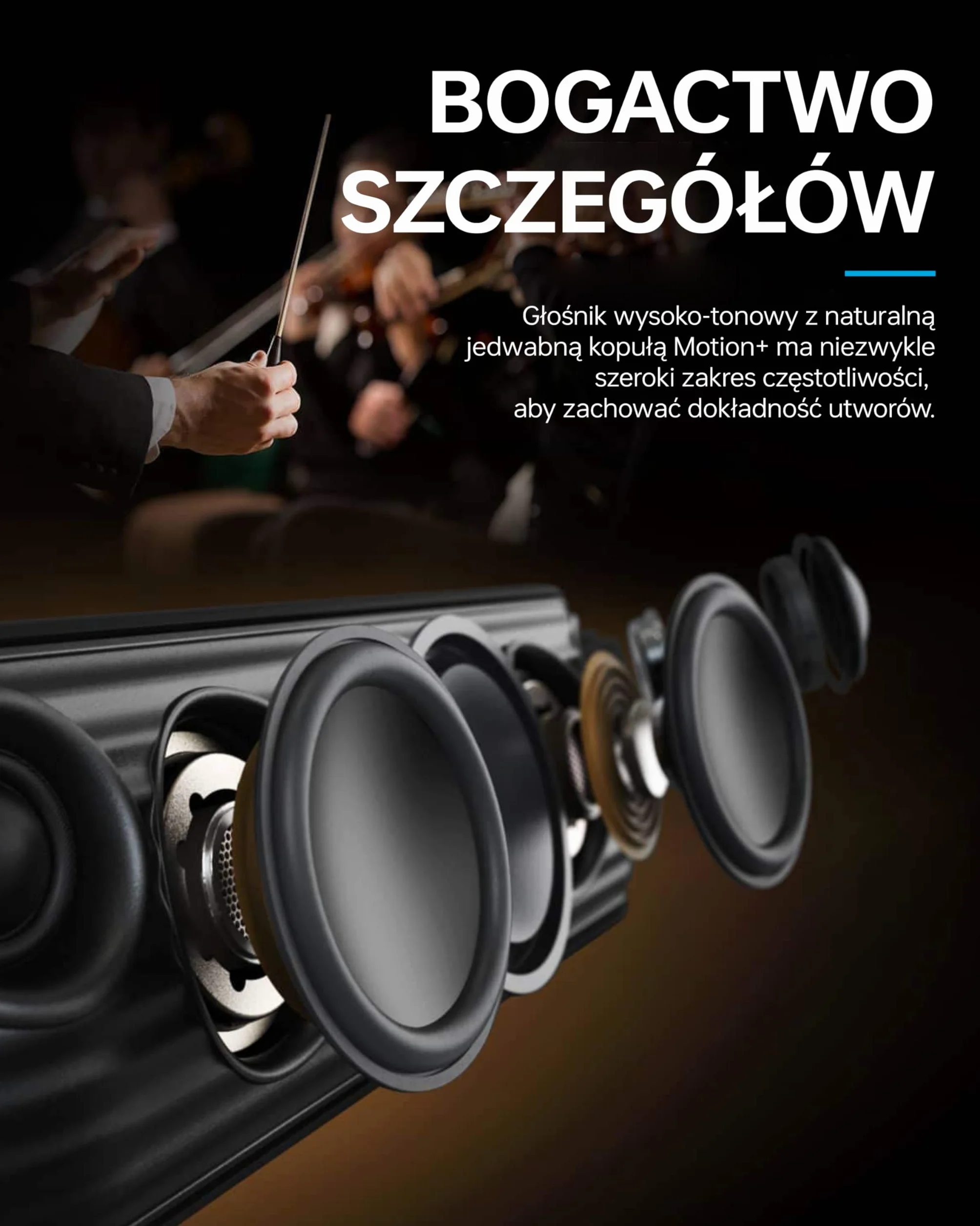 Soundcore Motion+ bezprzewodowy głośnik Bluetooth wysokiej jakości 30 W, rozszerzony bas i wysokie tony, z aplikacją, możliwość dostosowania EQ, 12-godzinny czas odtwarzania (Czarny)