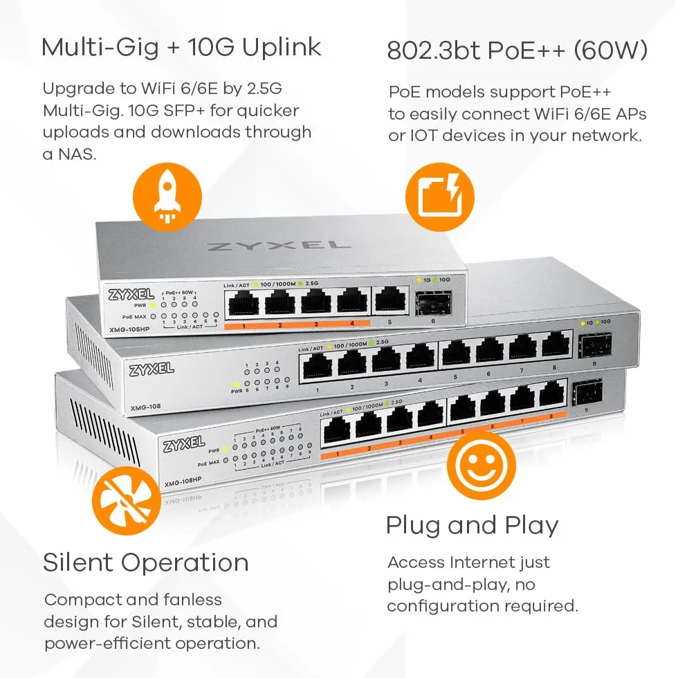 Zyxel 8-portowy przełącznik 2,5 G Multi-Gig Unmanaged Switch z 1 x 10G SFP+ | montaż na stole lub ścianie [XMG-108]