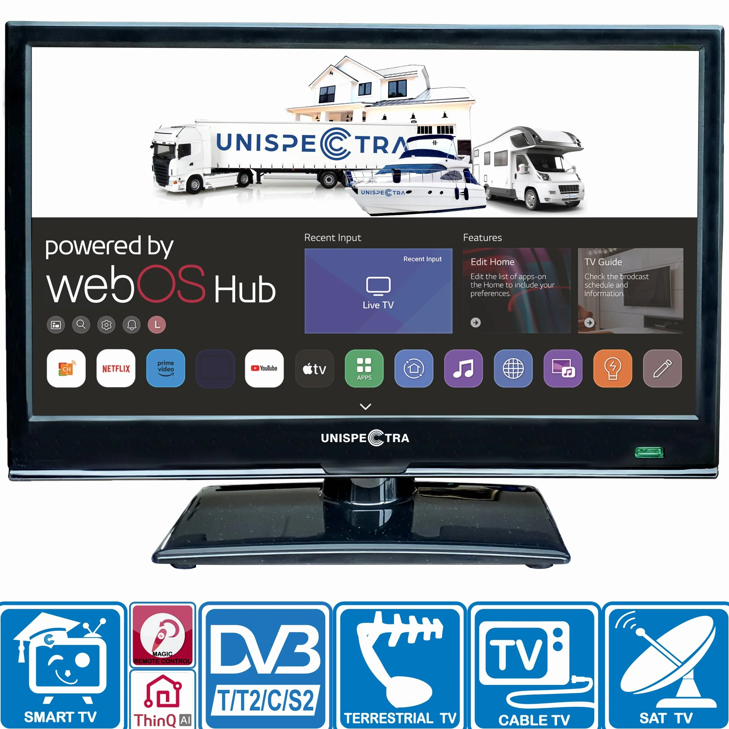 Unispectra ® 16” Smart TV (webOS) Full HD 230V 12V 24V potrójny tuner, 3x HDMI, 2x USB, pilot Magic. Telewizor 12 V do samochodów kempingowych, przyczep kempingowych, ciężarówek, łodzi