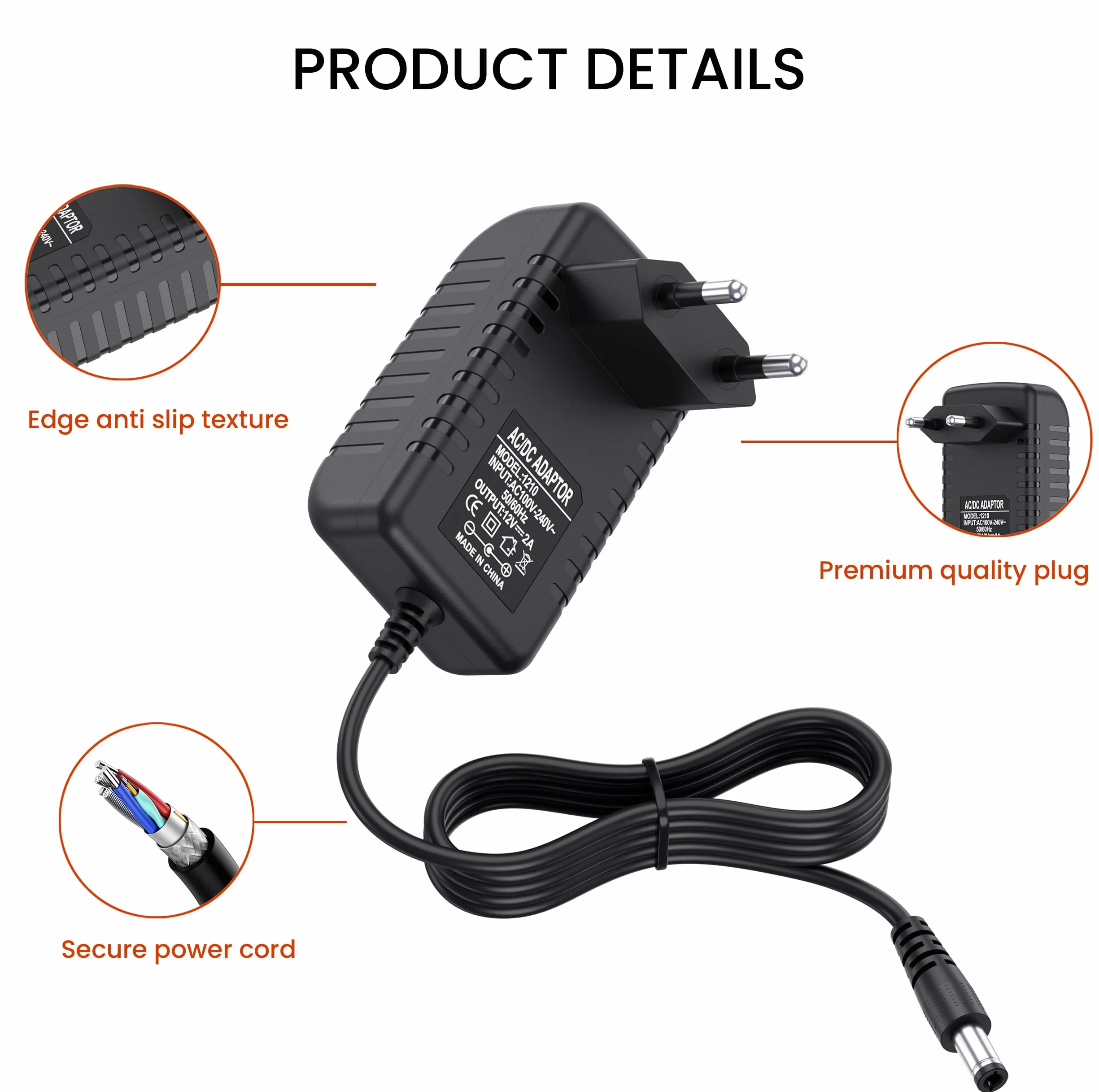 Uniwersalny zasilacz 12 V, 2 A, 24 W, do głośników, taśm LED, routerów, kamer CCTV i urządzeń elektronicznych, zasilacz 12 V, 2 A, wysokiej jakości transformator AC DC (12/2A)