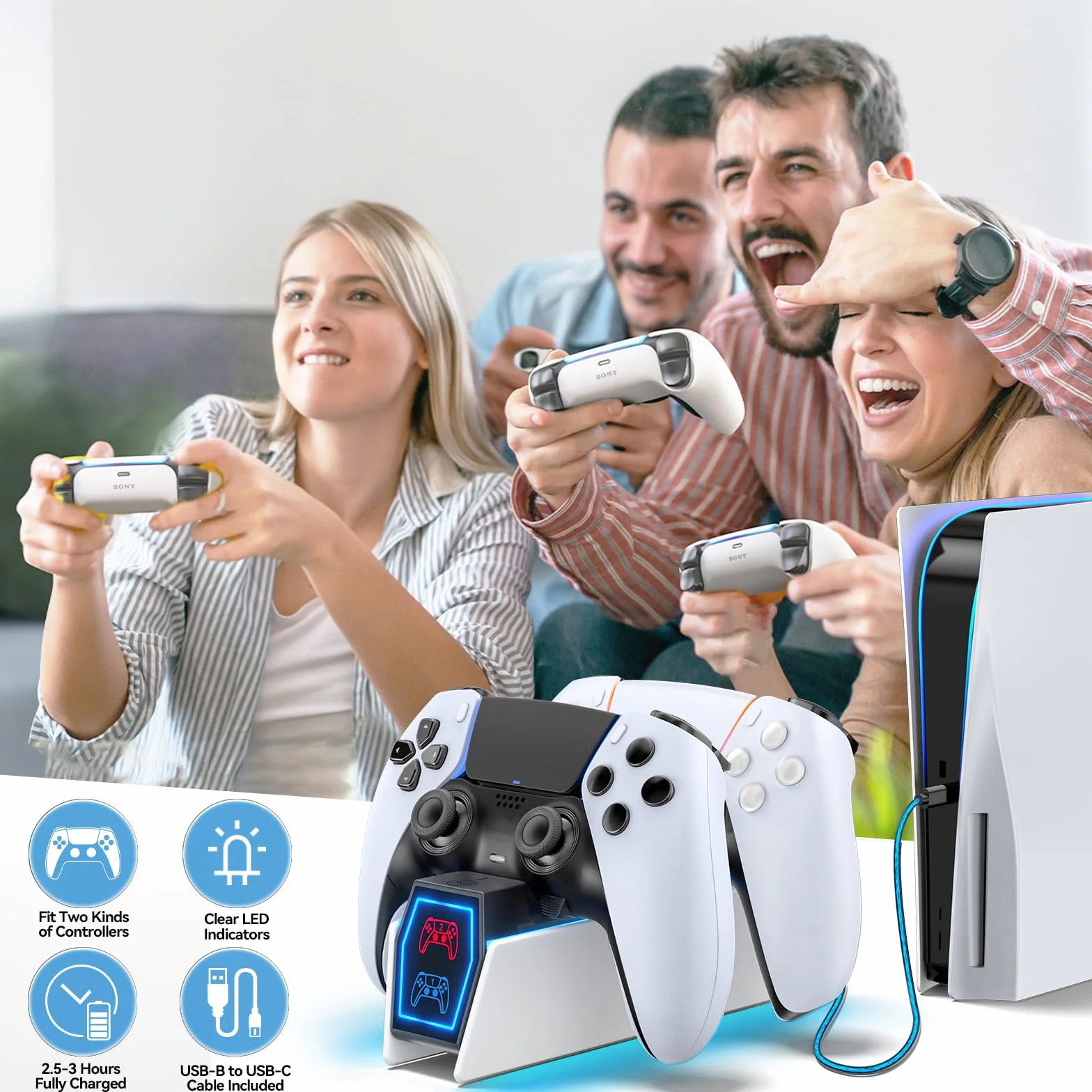 Tokluck Stacja ładująca do kontrolera PS5, kompatybilna z Playstation 5 Edge i podwójnym kontrolerem, stacja ładująca do gier z kablem, ochraniacz PlayStation Stacja dokująca ze wskaźnikami LED, biała