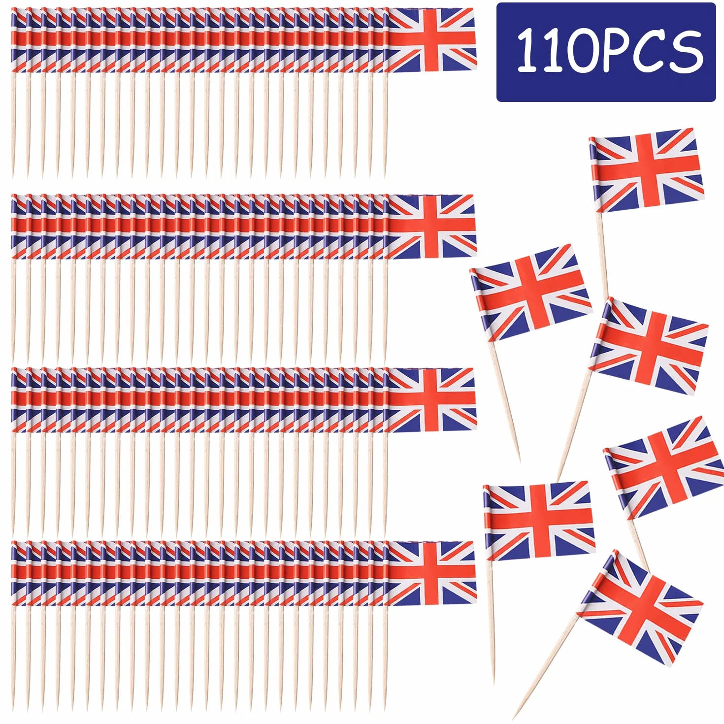 110 szt. wykałaczek Union Jack, artykuły imprezowe, do flag kanapkowych, babeczek, grilla i koktajli, dekoracja na wydarzenia królewskie.