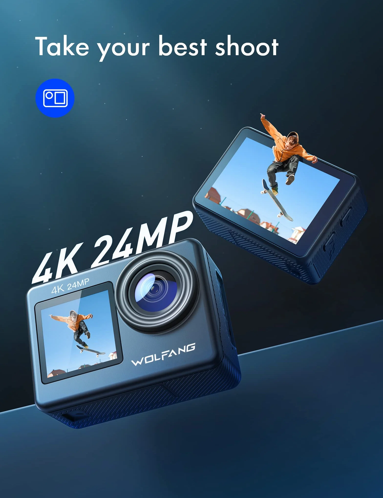 WOLFANG GA200 Action Cam 4K 24MP Podwodna kamera WiFi 40M Wodoodporny stabilizator obrazu EIS Ekran dotykowy Kamera na kask 170° Kamera szerokokątna (pilot, 2 baterie i zestaw akcesoriów)
