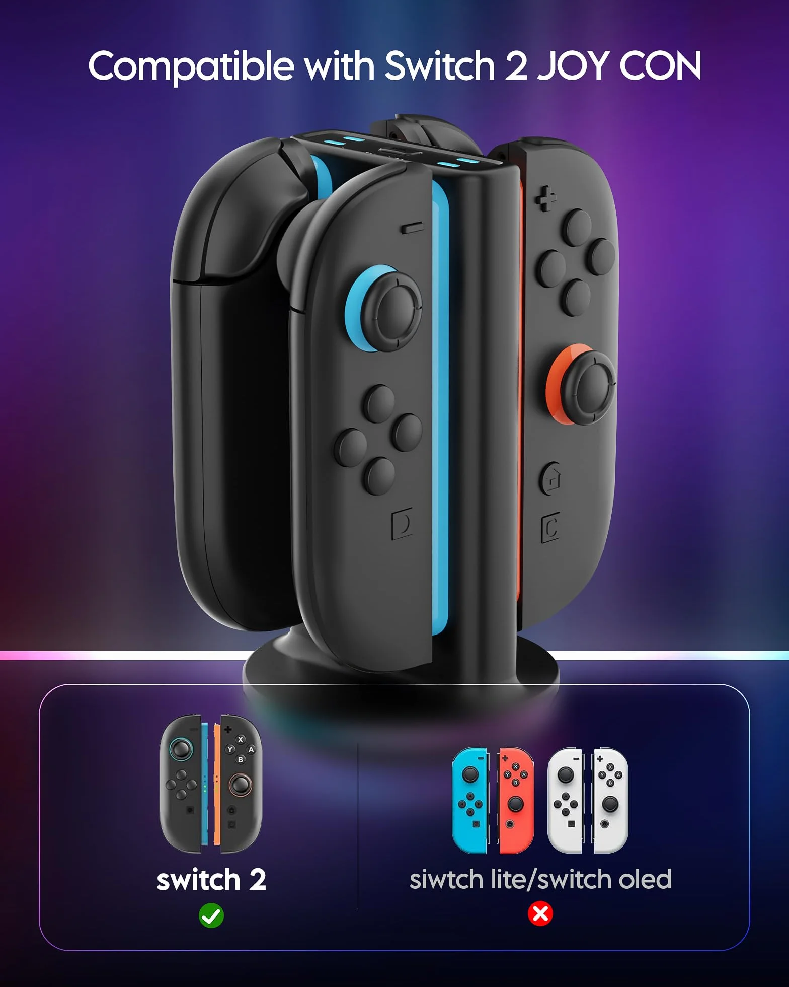 RunSnail Charging Dock Kompatybilny z Switch 2 Joycon, Switch 2 Joy Con Controller Charger Station ze Światłem RGB, Magnetic Plug-in JoyCon Charging Dock z Kablem Ładującym