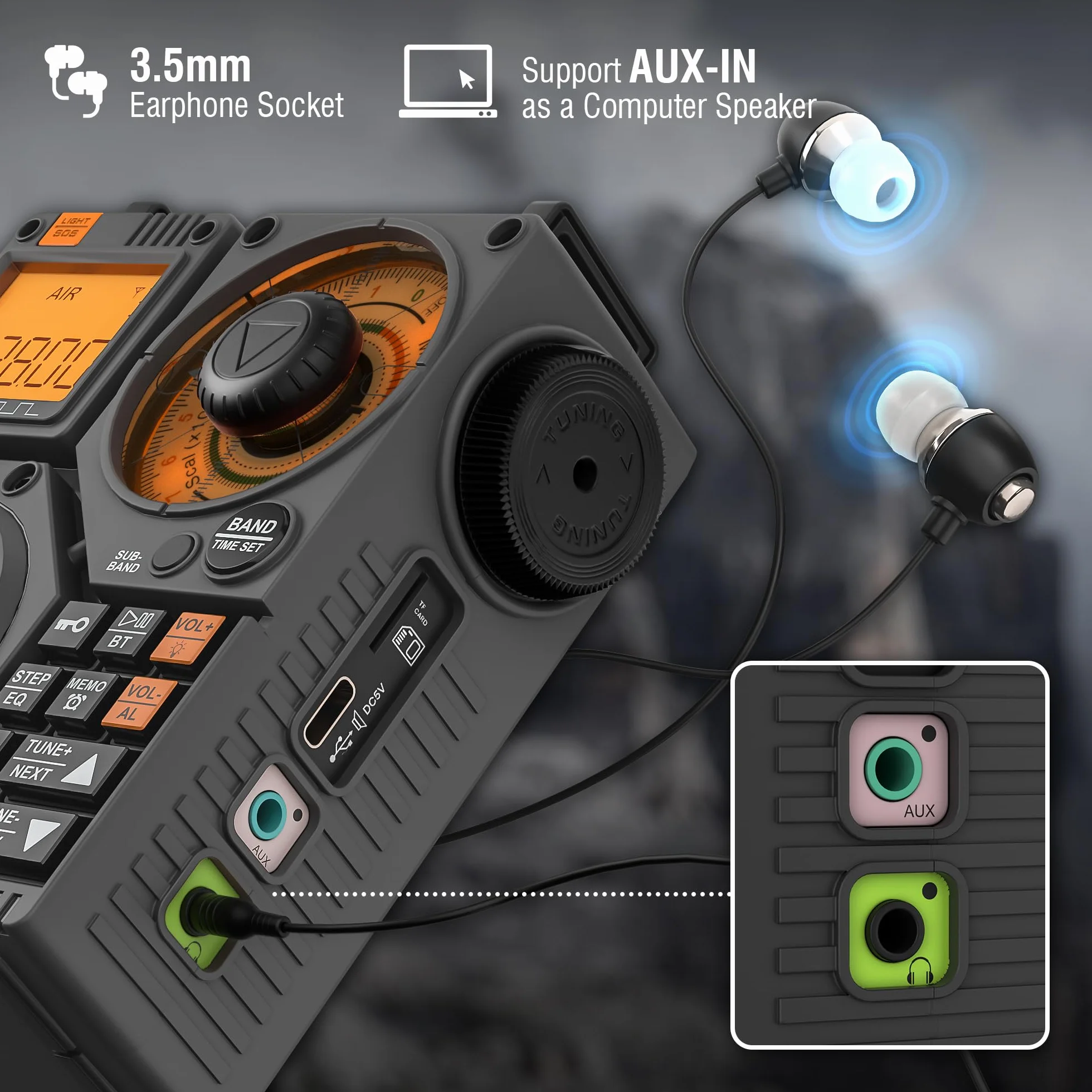 Radio krótkofalowe Raddy RF320, odbiornik FM/AM/VHF/SW/AIR, obsługa kart Bluetooth/TF, ładowalne radio przenośne z 3-metrowymi słuchawkami dousznymi z anteną Latarka SOS