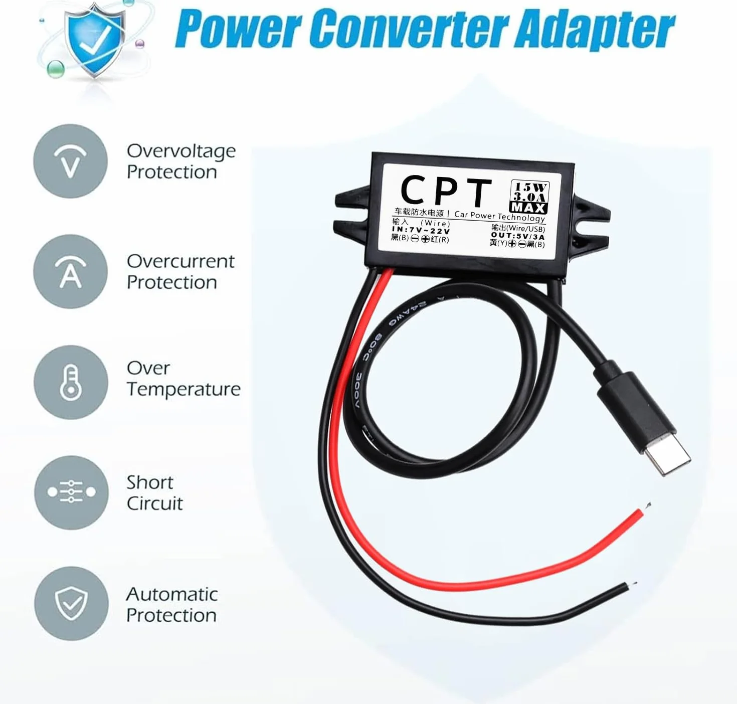 Adapter USB 12 V na USB, 12 V na 5 V, moduł konwertera DC Buck, 3 A, 15 W, DC na DC, adapter samochodowy 2 sztuki (typ C).