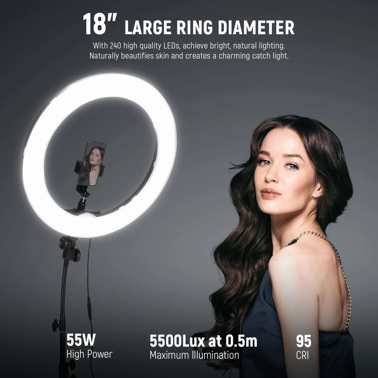 NEEWER Profesjonalny pierścień świetlny ze statywem: 18 cali 55 W 5600K Regulowany pierścień świetlny LED ze statywem, odbiornik Bluetooth do smartfona, selfie, Youtube/TikTok wideo, lampa estetyczna