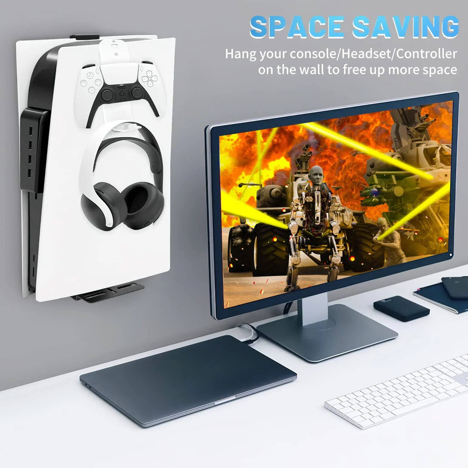 uchwyt ścienny PS5, uchwyt ścienny, zestaw do Playstation 5 (płyta i wyjście cyfrowe) stabilny stalowy stojak ścienny, uchwyt na konsolę PS5 z uchwytem na kontroler, wieszak na słuchawki, śruby, gąbka