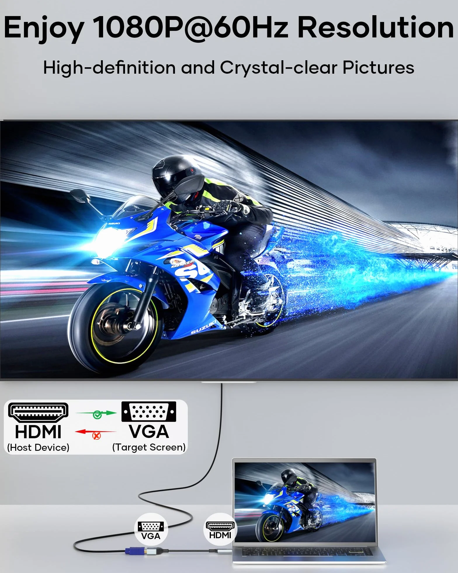 HDMI na VGA, jednokierunkowy adapter HDMI komputer na monitor VGA (wtyk na gniazdo), 1080P@60Hz kompatybilny z komputerem, desktopem, laptopem, PC, monitorem, projektorem HDTV, Chromebookem i