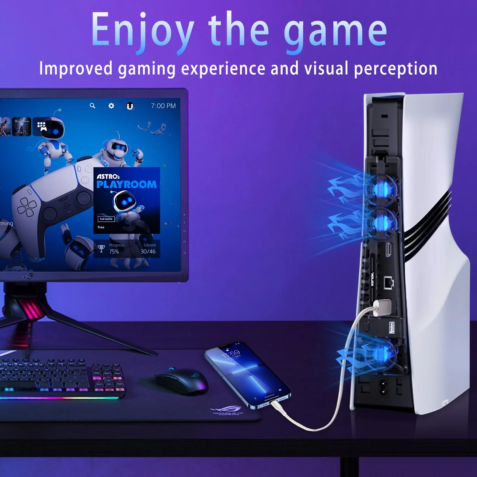 Akcesoria chłodzące do PS5 Pro/PS5 Slim wentylator chłodzący ze światłem LED i regulacją prędkości, automatyczne wykrywanie temperatury, dodatkowy port USB