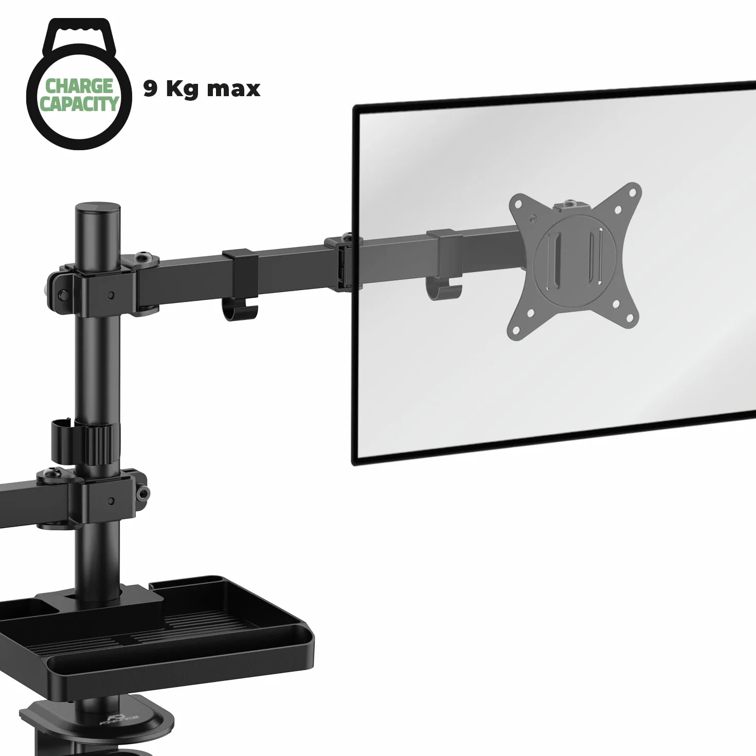 Seria XTENDMOUNTS: Stalowy przegubowy uchwyt do ekranu PC 17/32'' VESA 75x75,100x100, taca na laptopa, tablet do przechowywania i uchwyt na smartfona w zestawie (Flex)