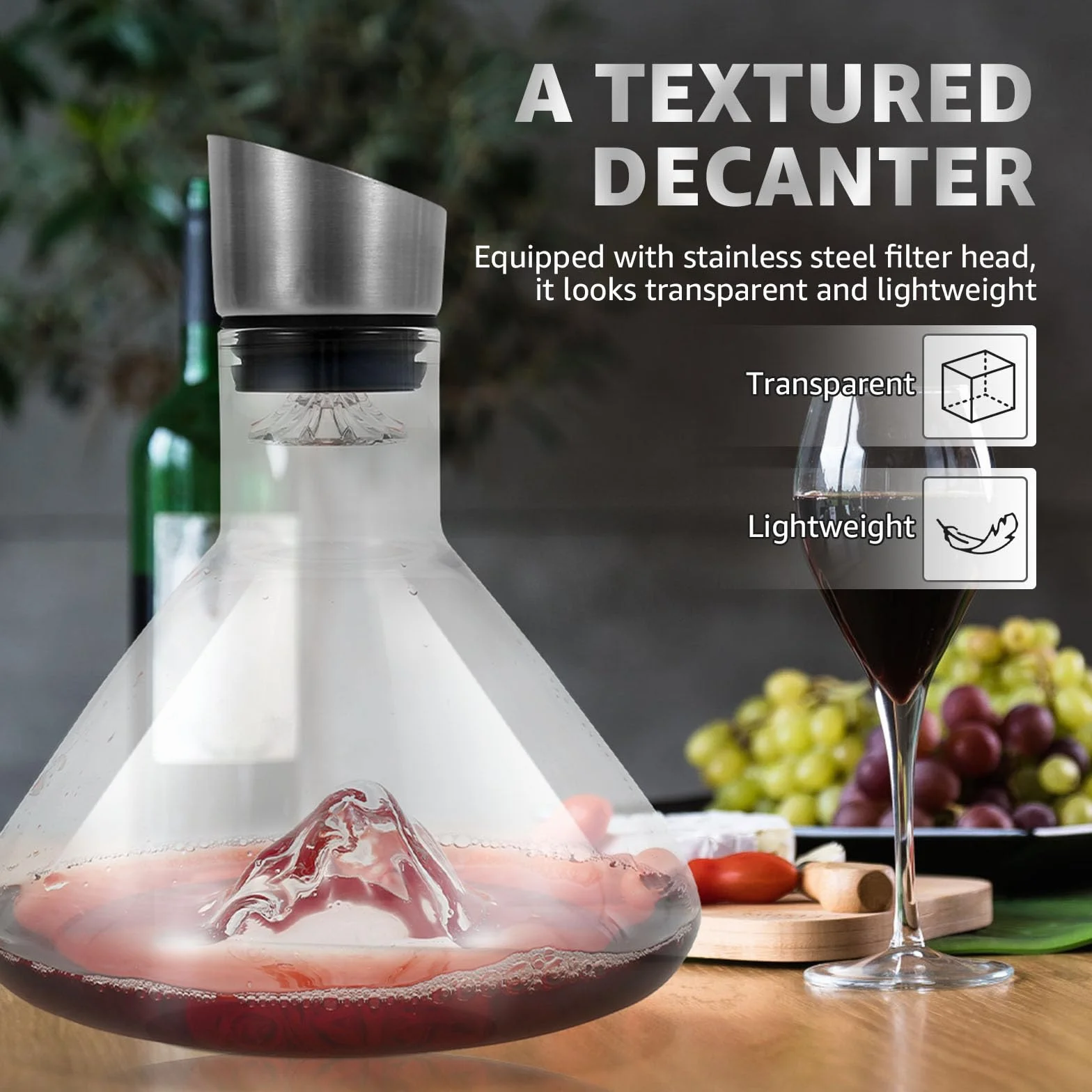 Iceberg karafka do czerwonego wina, 1500 ml, z wbudowanym napowietrzaczem, pokrywka ze stali nierdzewnej i filtr, bezołowiowe szkło kryształowe, prezenty świąteczne dla mężczyzn (zestaw 1)