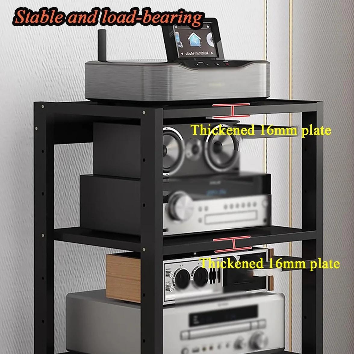 7-poziomowy, regulowany stojak na sprzęt audiowizualny, stojak na sprzęt audio z kółkami, idealny do konsol do gier, odtwarzaczy CD/DVD(Black)