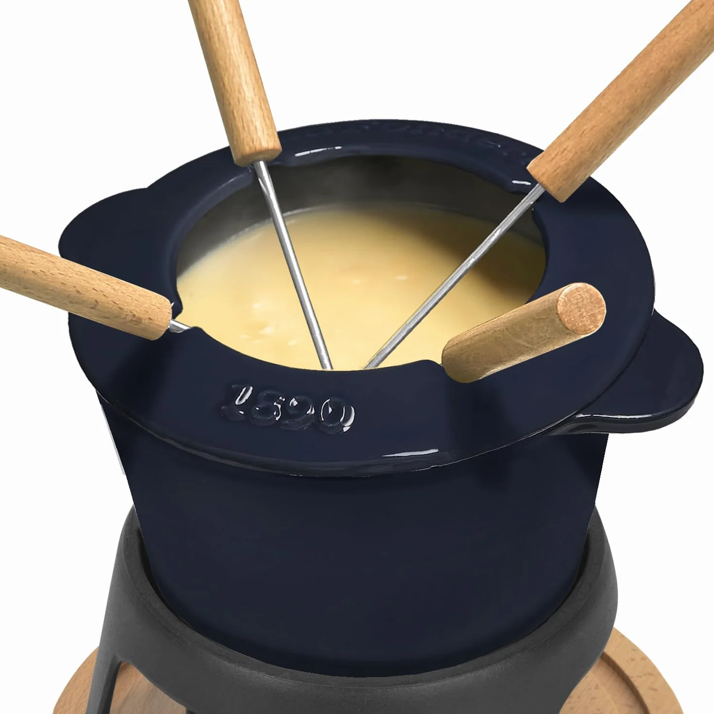 Żeliwny zestaw do fondue 4-osobowy 1,2 L z drewna bukowego