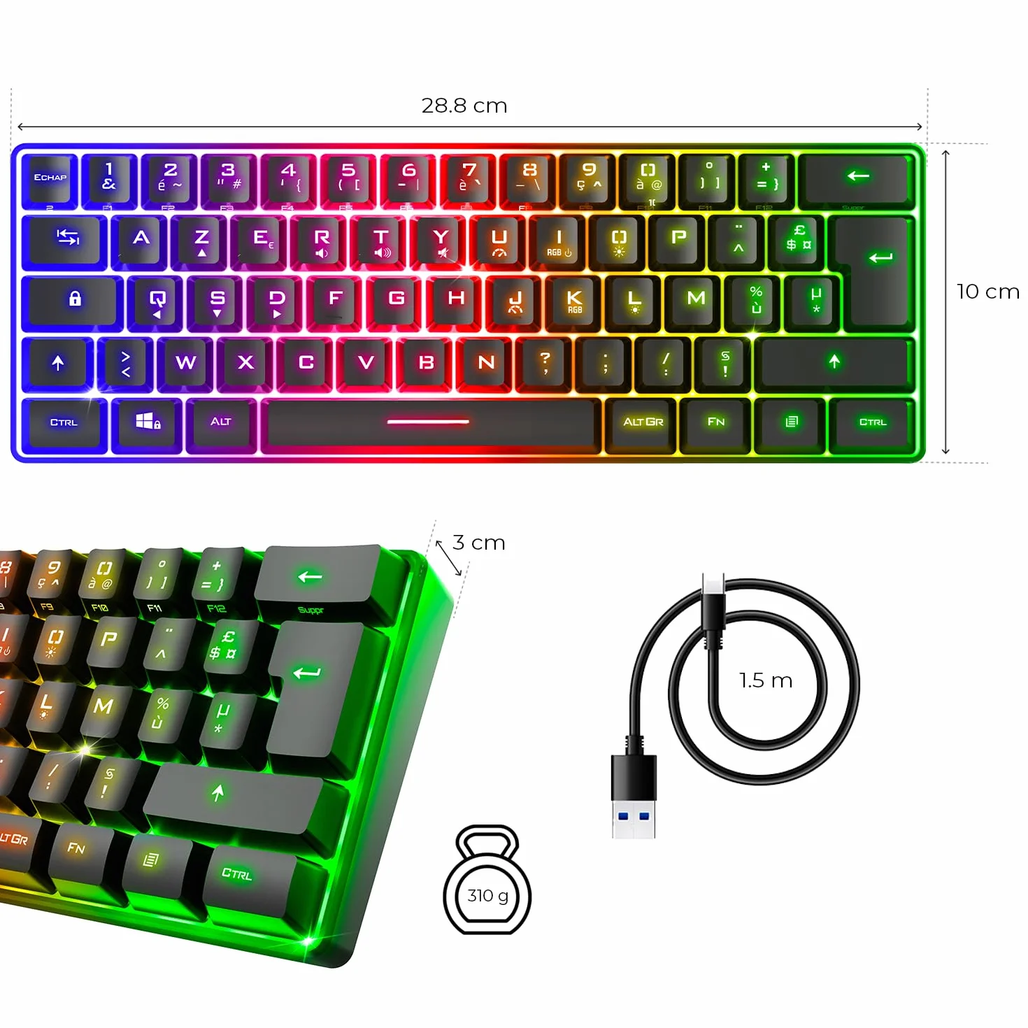 Spirit Of Gamer Pro K2 pół-mechaniczna przewodowa klawiatura gamingowa TKL 60% 62 klawisze antyghosting RGB czarna