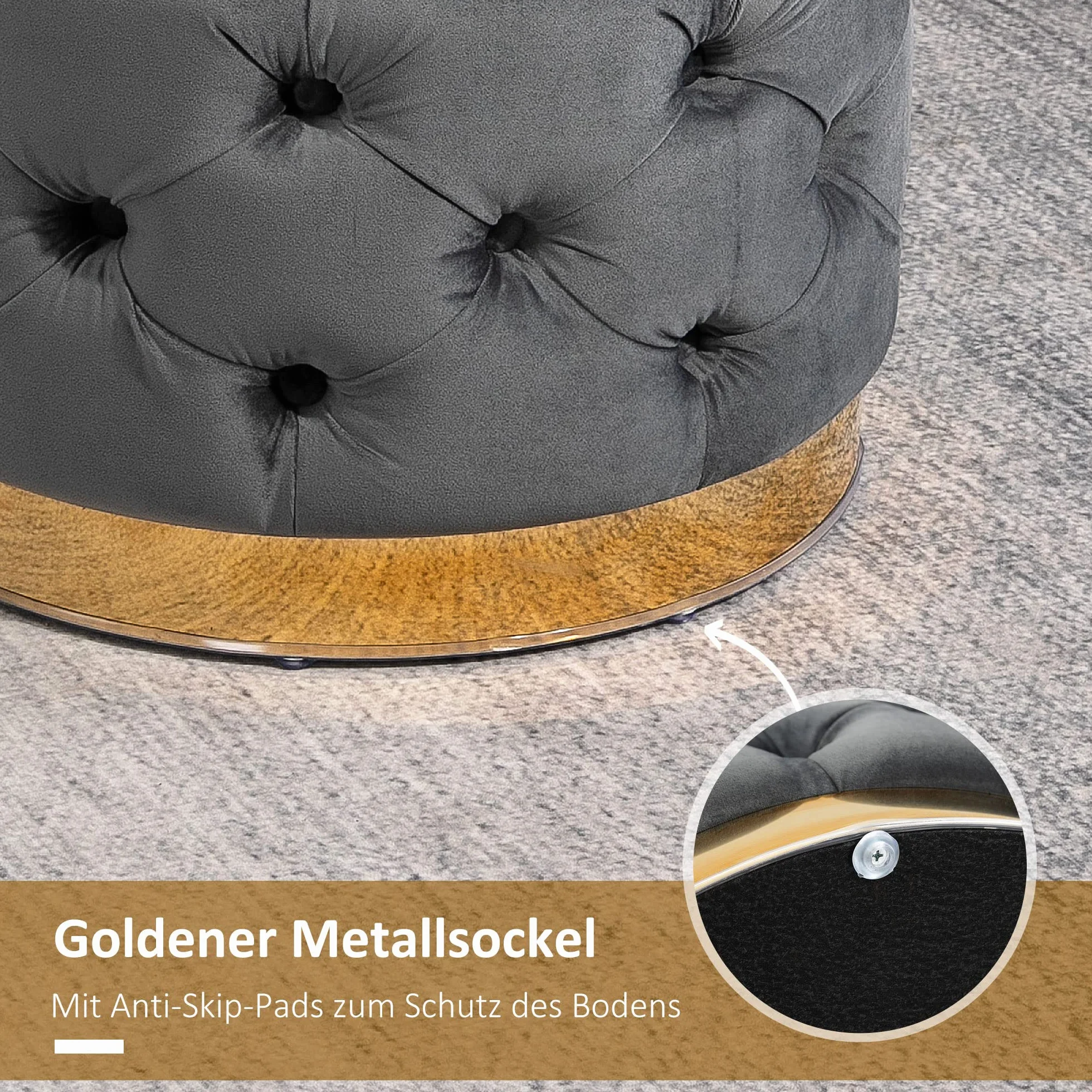 HOMCOM Vintage Hocker, Sitzhocker mit Stauraum, Polsterhocker, Stoff, Metall, Schaumstoff, Pappelholz, Kohlegrau, 55 x 55 x 42 cm