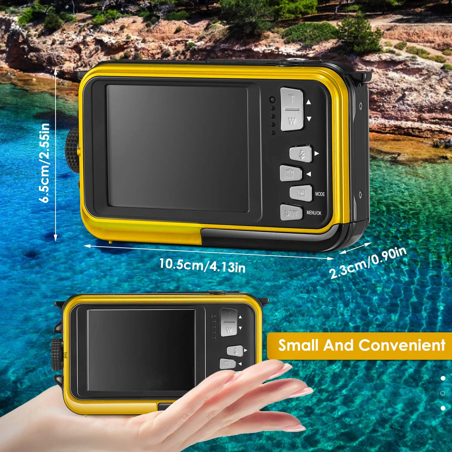 Aomdom Full HD 2,7K 48MP wodoodporna kamera do nurkowania z zoomem cyfrowym 16 x wodoodporna kamera z podwójnym ekranem Sport Camera z opóźniającym mikrofonem LED