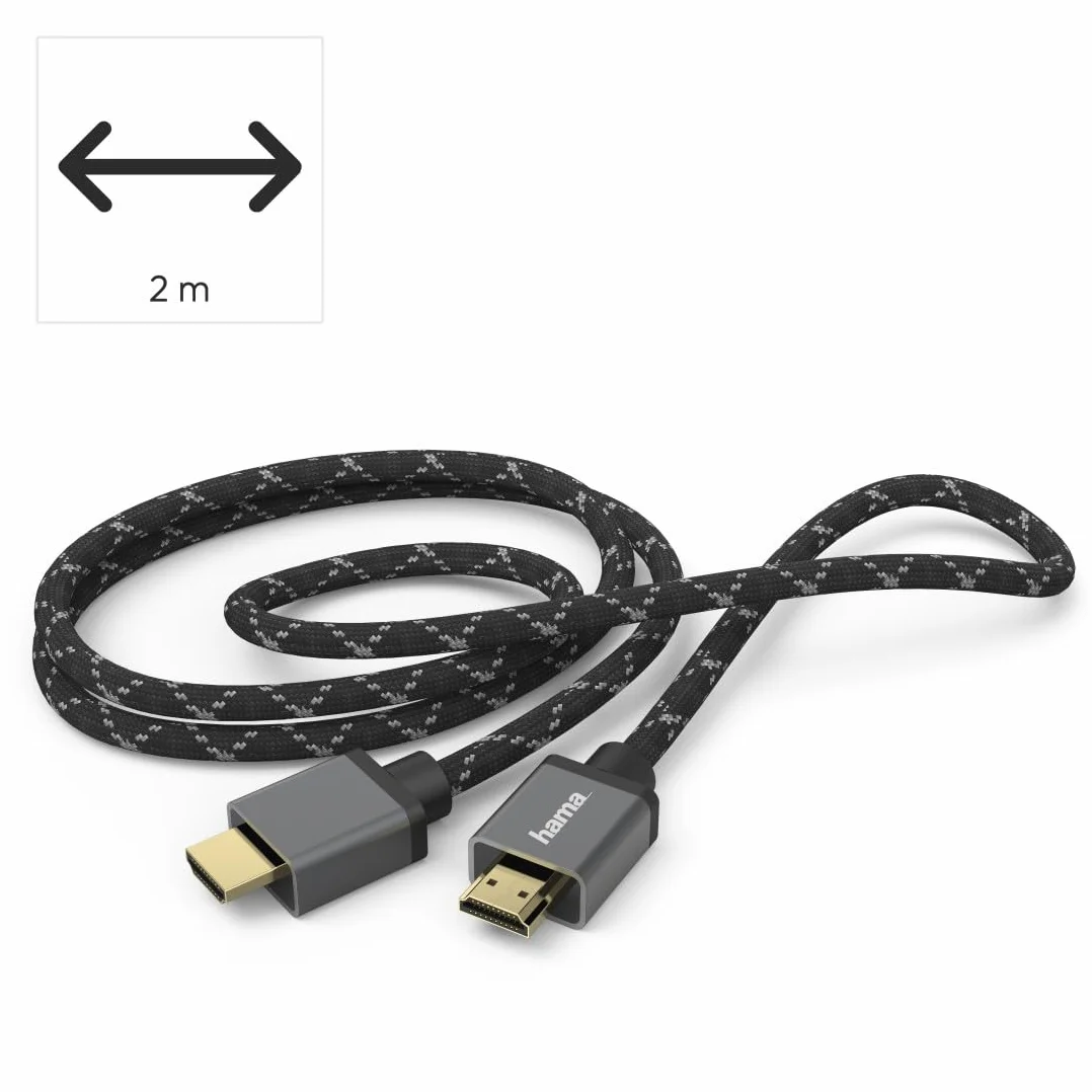Hama Kabel HDMI 2.1 Premium High Speed (8K, 48 Gbit/s, pozłacany, podwójnie ekranizowany, ochrona kabla, 2m) czarny/szary