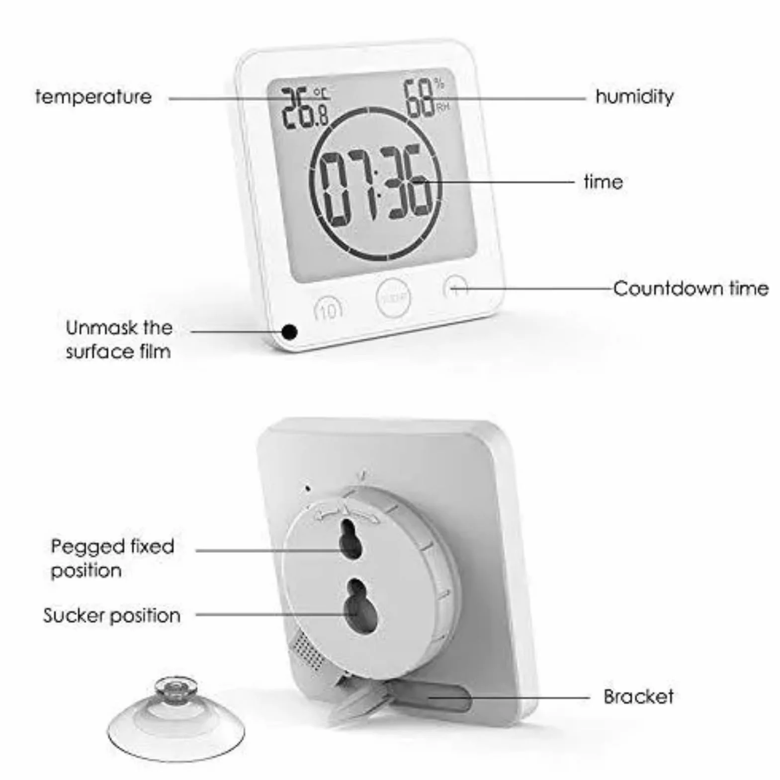 Cyfrowy zegar prysznicowy z budzikiem, wodoodporny timer łazienkowy, duży wyświetlacz LCD (czas/temperatura/wilgotność), 3 opcje montażu, do łazienki, kuchni, stacji do makijażu (biały)