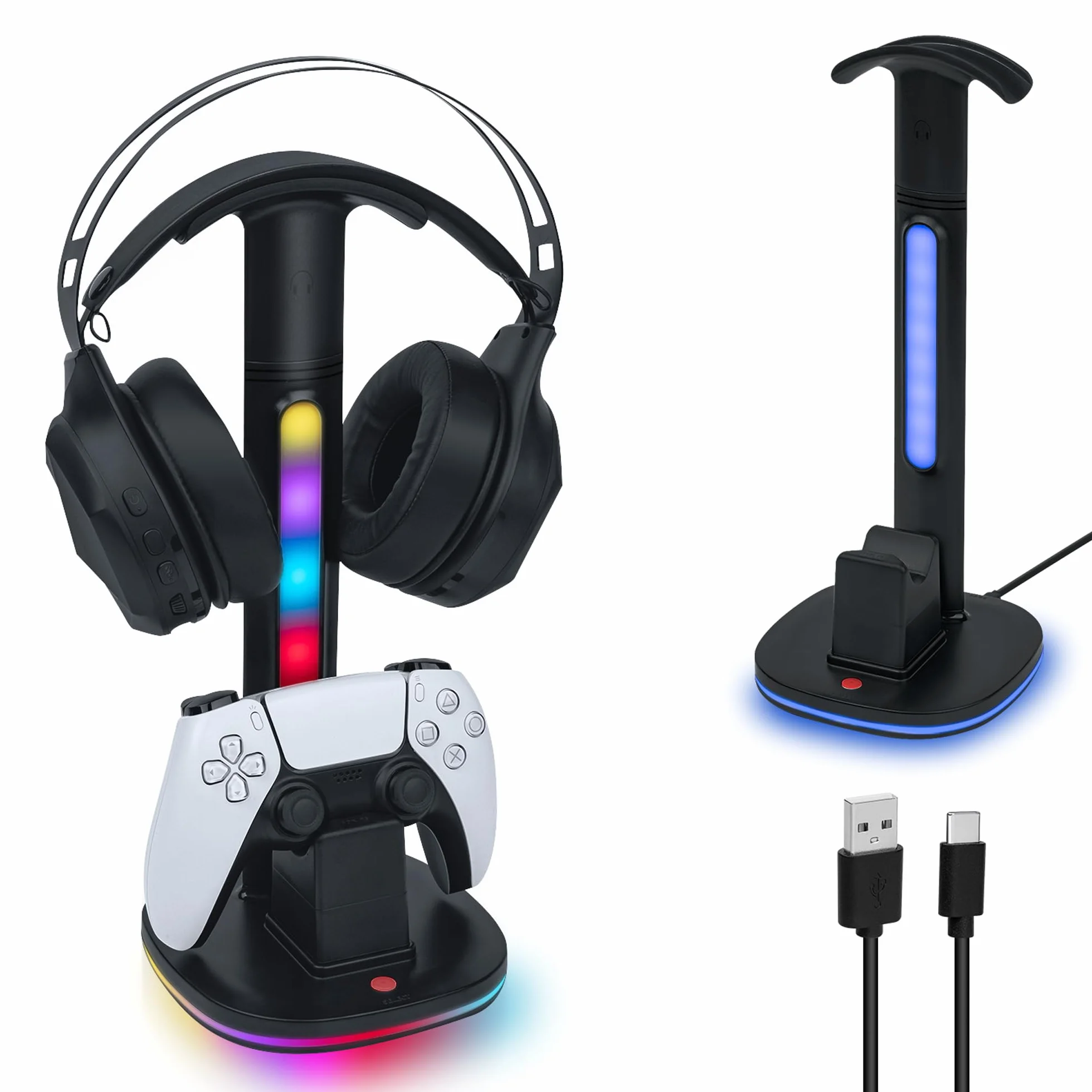Mcbazel Stacja ładująca kontrolera PS5 ze stojakiem na słuchawki do gier RGB, szybka stacja ładująca z 2 portami USB do PS5 i kontrolera DualSense Edge, organizer na biurko RGB, czarny (nie dla PS5