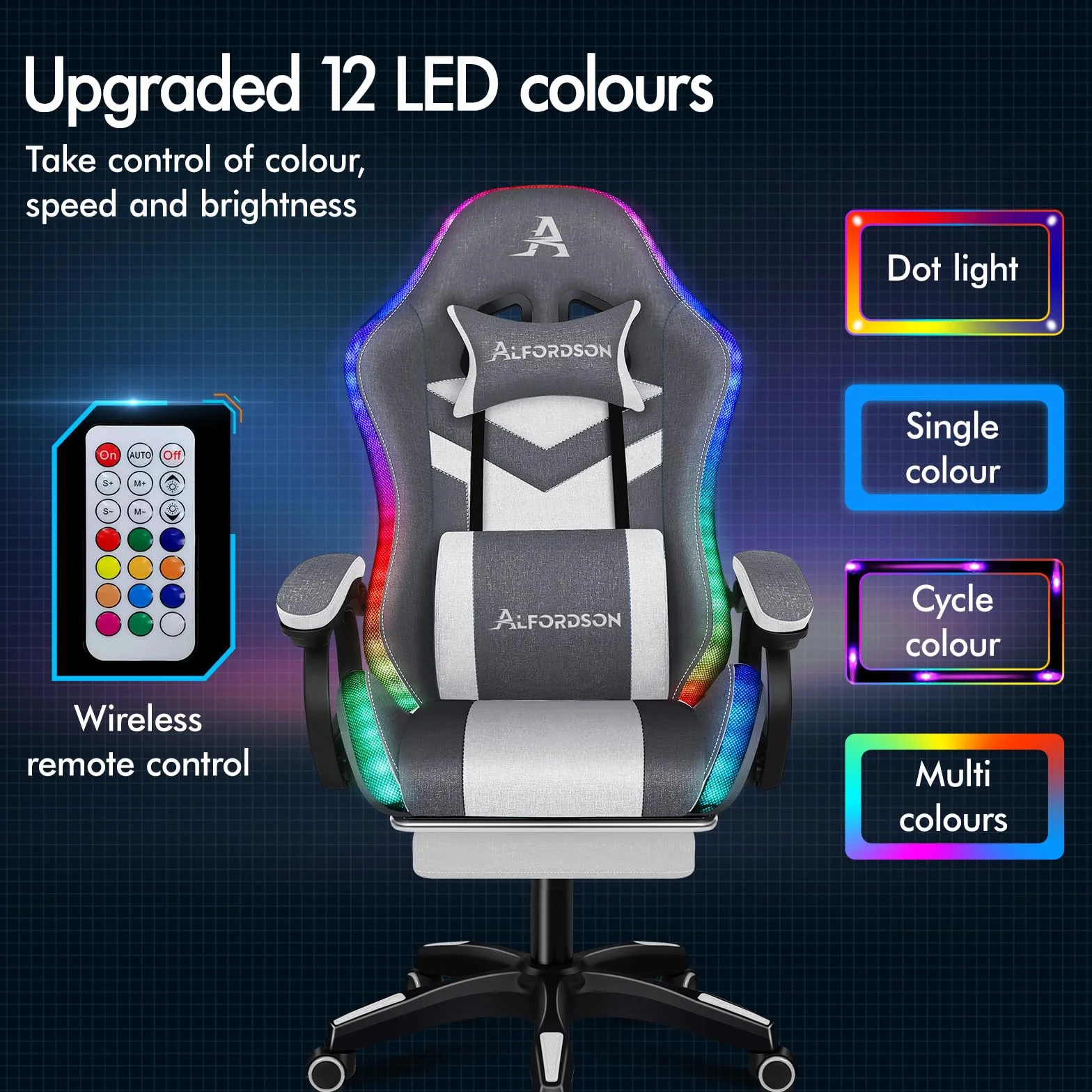 ALFORDSON krzesło gamingowe, krzesło wyścigowe z oświetleniem RGB LED, fotel do masażu komputerowego z podnóżkiem, ergonomiczne krzesło obrotowe z dźwignią, materiał, szary