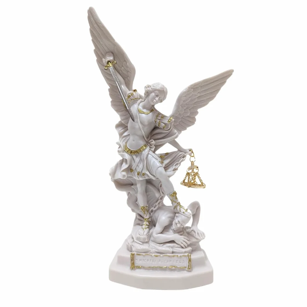 Statua Świętego Michała Archanioła Biały Marmur Proszek z Mieczem i Bilansem 22 cm