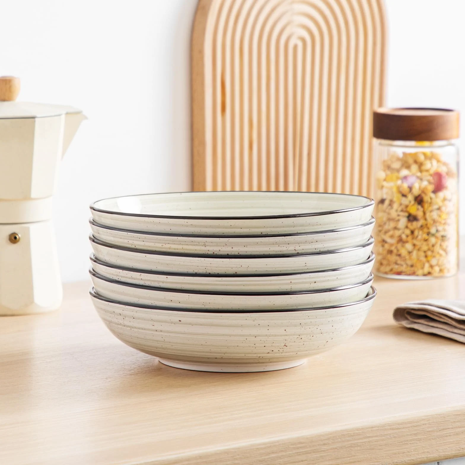 Vancasso Bonbon Zestaw 6 Ceramicznych Misek do Makaronu i Sałatki - Szerokie Płytkie Duże Beżowe
