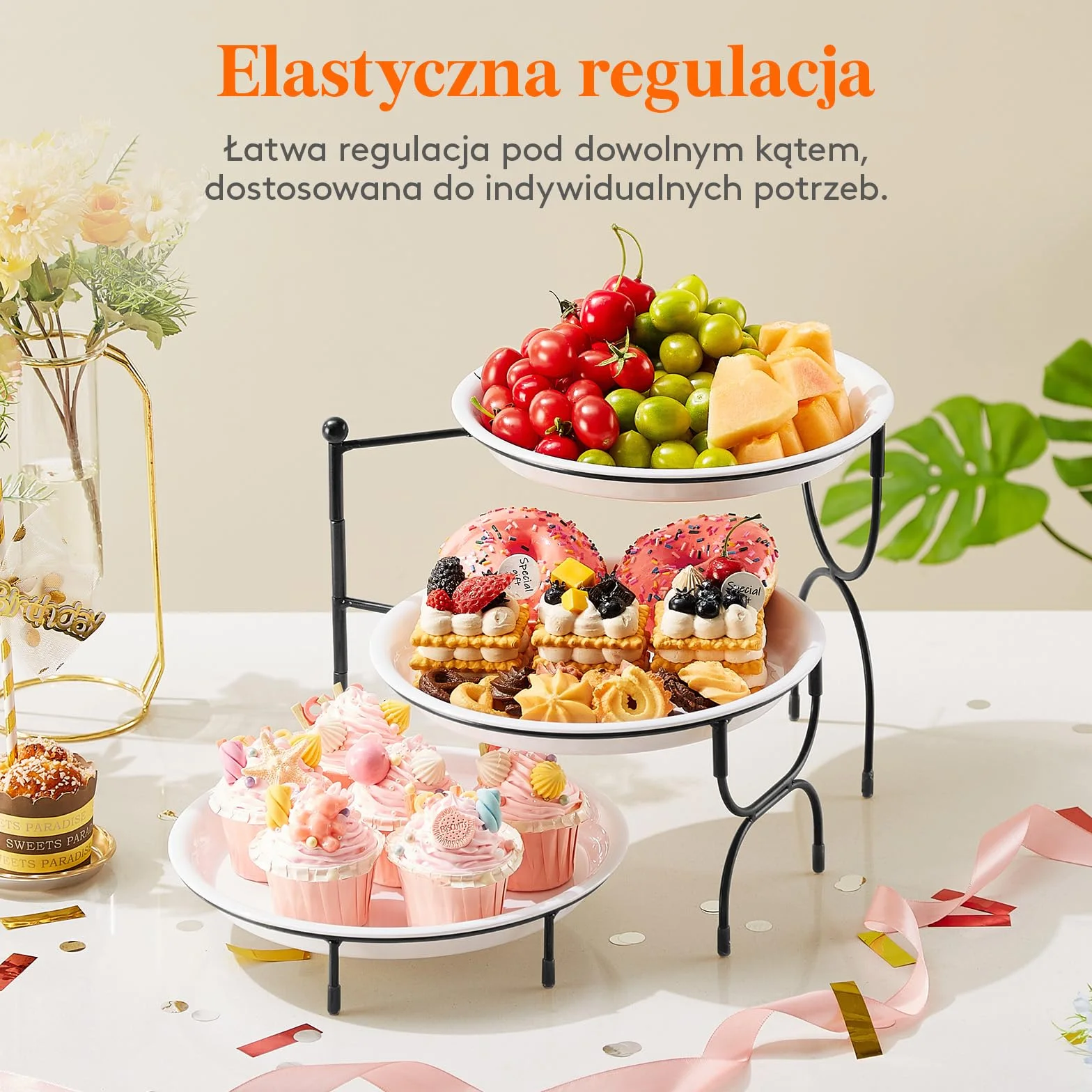 Lifewit 3-Poziomowa Taca Okrągła Wielokrotnego Użytku ze Stojakiem na Przekąski Czarna