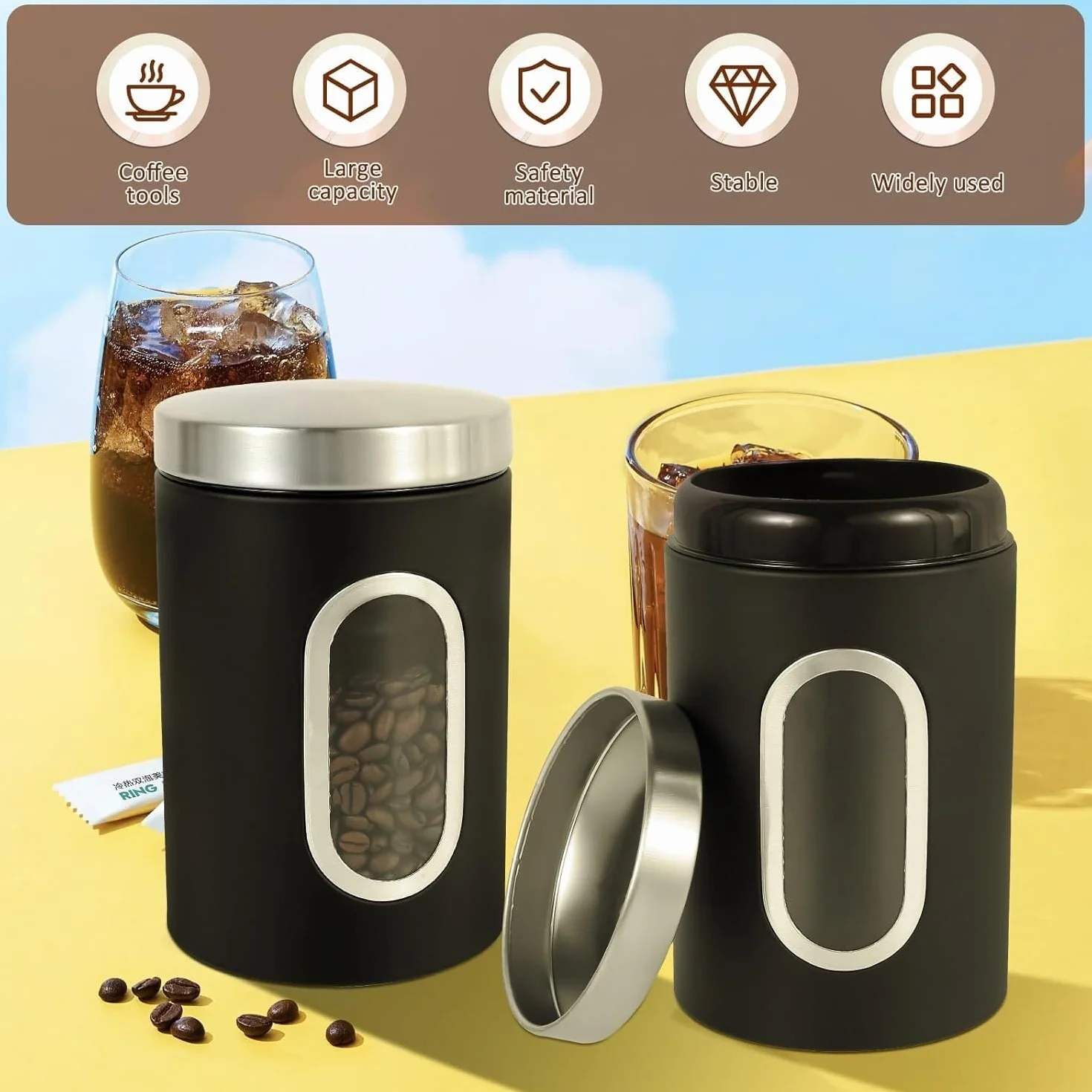 Sugar Shaker,Sugar Container,Sugar Dispenser,Coffee Tea Sugar Container Set,Airtight Coffee Canister Stainless Steel Food Storage Canisters with See Window Practical Canister Set