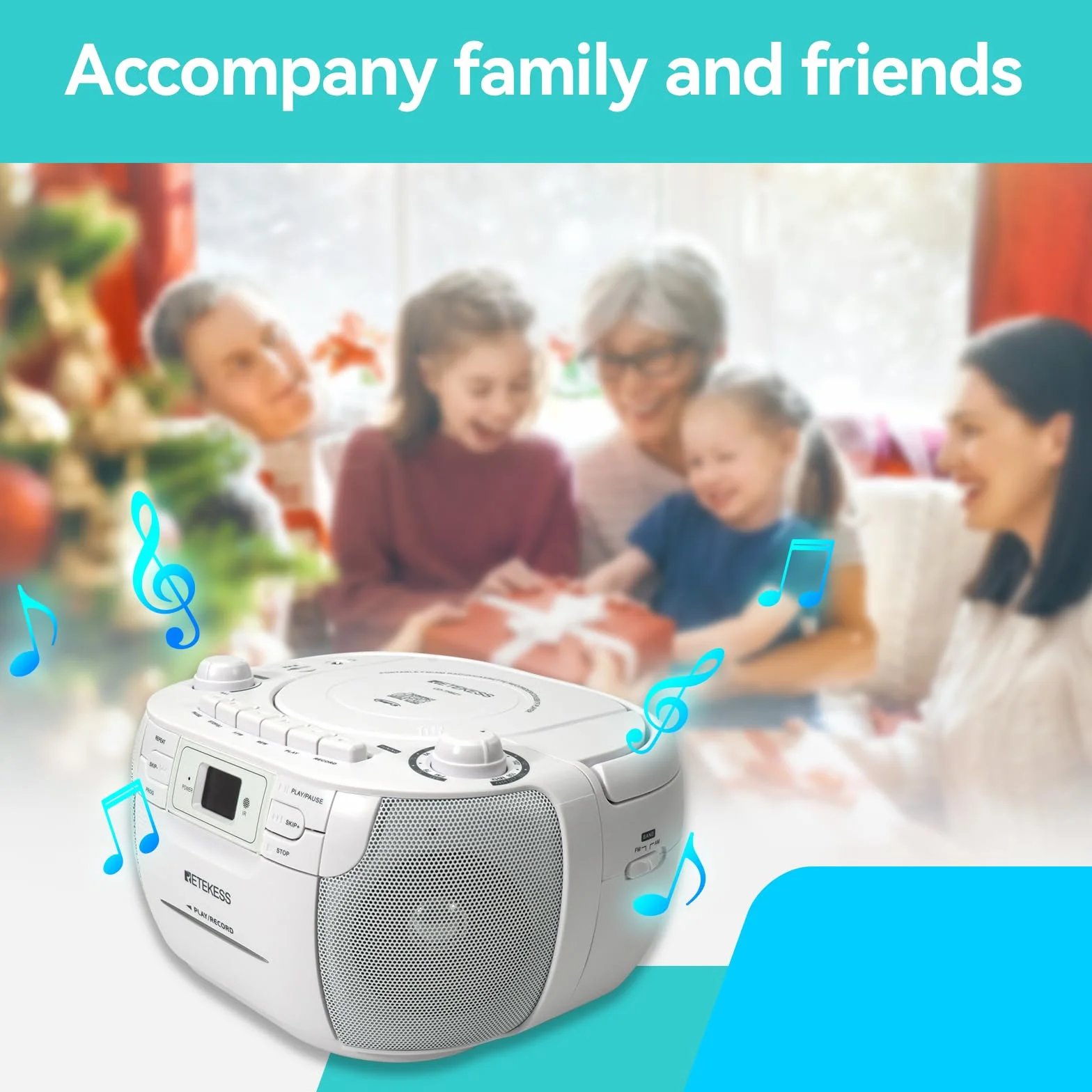Retekess TR621 Przenośny Odtwarzacz CD Boombox Stereo z Radiem AM FM, Odtwarzacz Kasetowy, Magnetofon Kasetowy, Obsługa USB/TF/Słuchawek, z Pilotem (Biały)