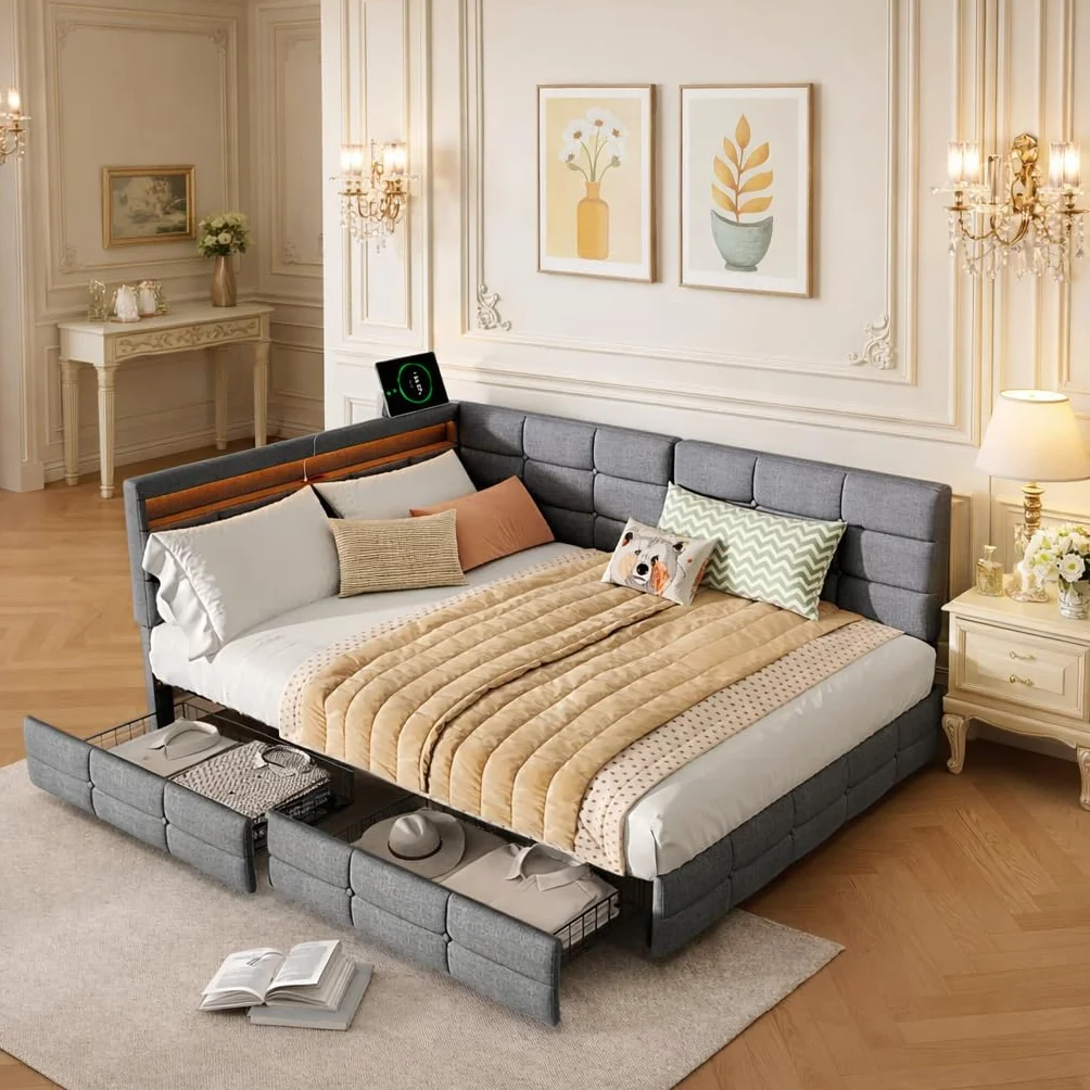 Łóżko tapicerowane, podwójne, 140 x 190 cm, z miejscem do przechowywania, łóżko dzienne, sofa z 2 szufladami, łóżko młodzieżowe z diodami LED i USB, łóżko funkcyjne ze stelażem, len, szare (szare, 140