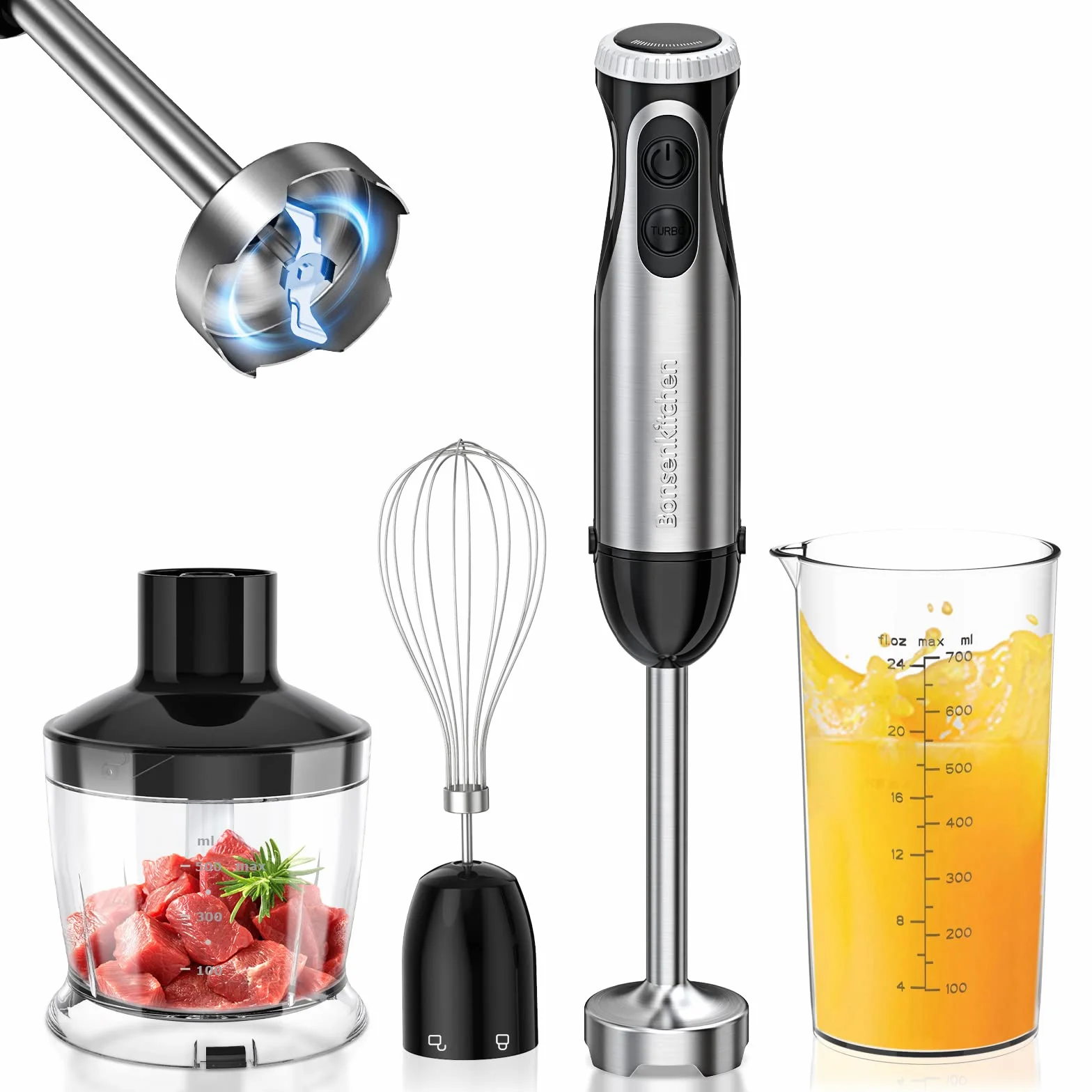 Bonsenkitchen HB3203 elektryczny blender immersyjny, blender ręczny 4 w 1, 1000 W, bezstopniowa prędkość, stal nierdzewna, trzepaczka, rozdrabniacz 500 ml i kubek z miarką 700 ml (czarny)