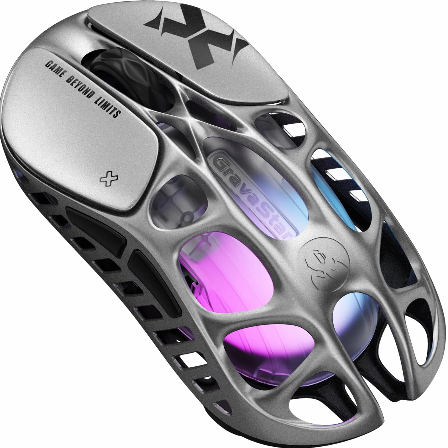 GravaStar Bezprzewodowa mysz do gier Mercury X – czujnik 32 000 DPI PAW 3950, częstotliwość odpytywania 1000 Hz, tylko 49 g, pusta ramka ze stopu magnezu, oświetlenie RGB, 5 programowalnych przycisków
