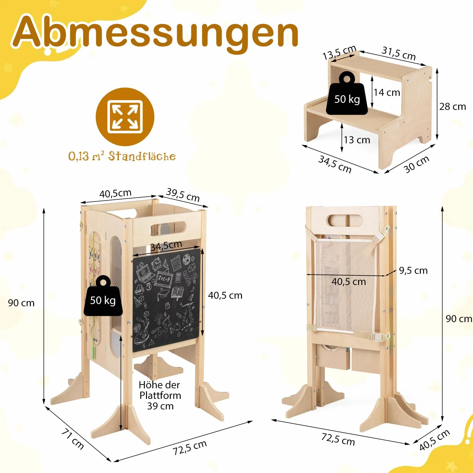 COSTWAY Wieża edukacyjna 4 w 1, składana, taboret z drewna z 2-stopniowym taboretem, tablicą i zdejmowaną siatką zabezpieczającą, Learning Tower Montessori, stołek dla dzieci od 3 lat, kolor naturalny