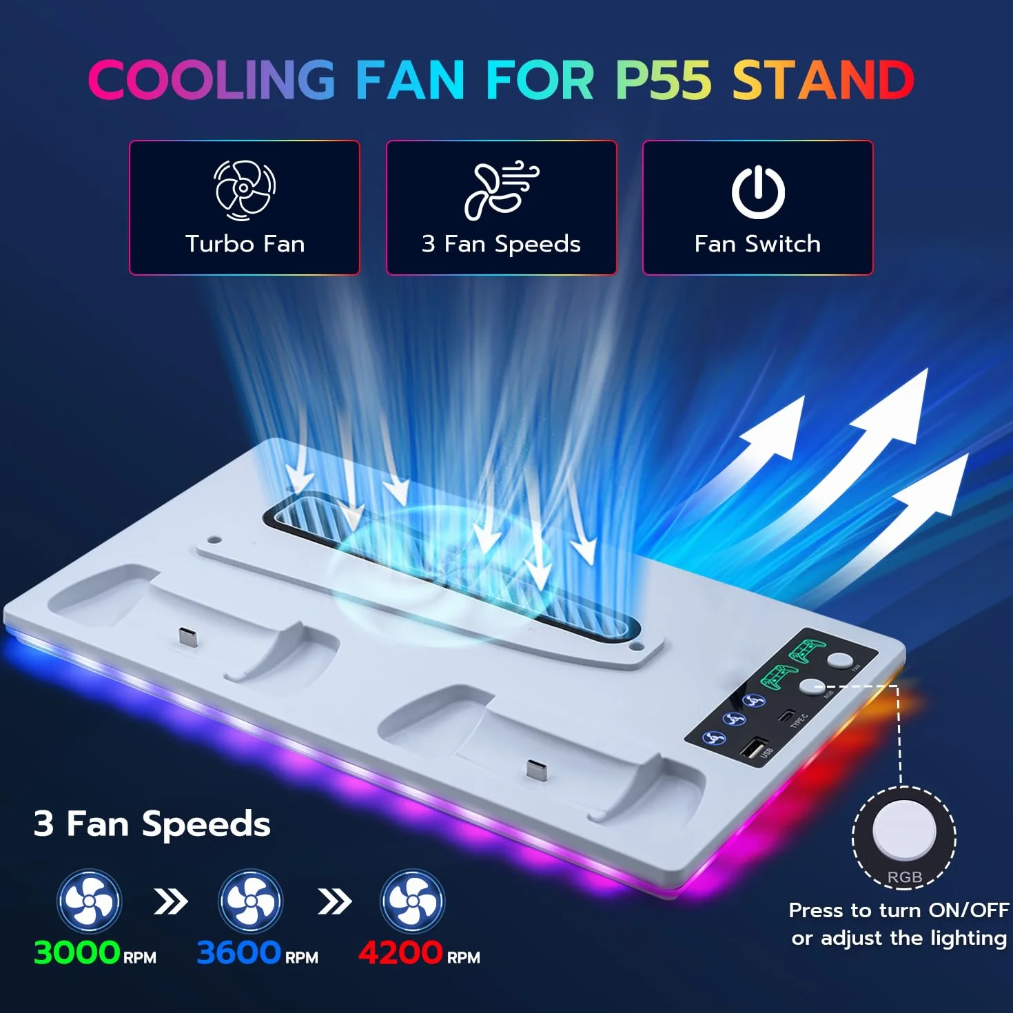 Pionowa podstawa z chłodzeniem do PS5/PS5 Slim, stacja ładująca Dual Controller z 3-stopniowym wentylatorem/światło RGB do PS5 UHD & Digital / PS5 Slim Disc & Digital