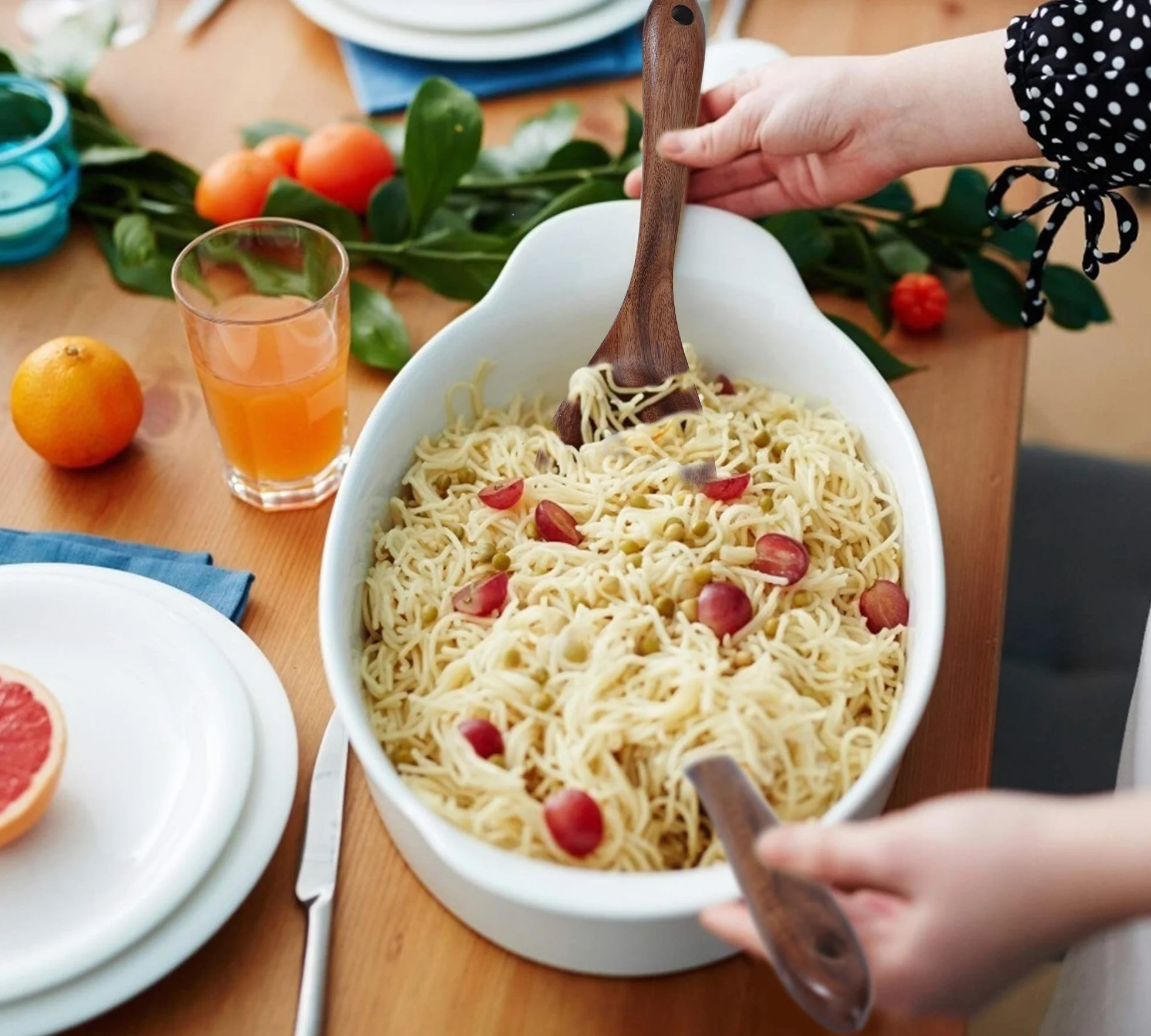 Serwery do sałatek, drewniany widelec do serwowania sałatek i łyżka szczypce, zestaw ekologicznych sztućców do mieszania sałatek, makaronu, owoców, przybory kuchenne wielokrotnego użytku (26cm/ 10,2