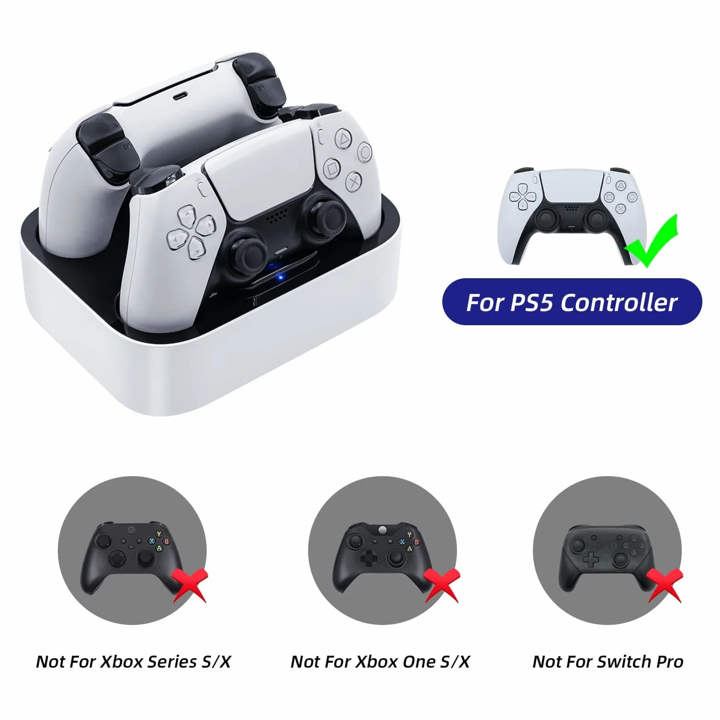 Mcbazel Stacja ładująca kontrolera do PS5, podwójna ładowarka, ochrona przed przegrzaniem, potrójna ochrona z wyświetlaczem LED do kontrolera PlayStation 5 DualSense, biała