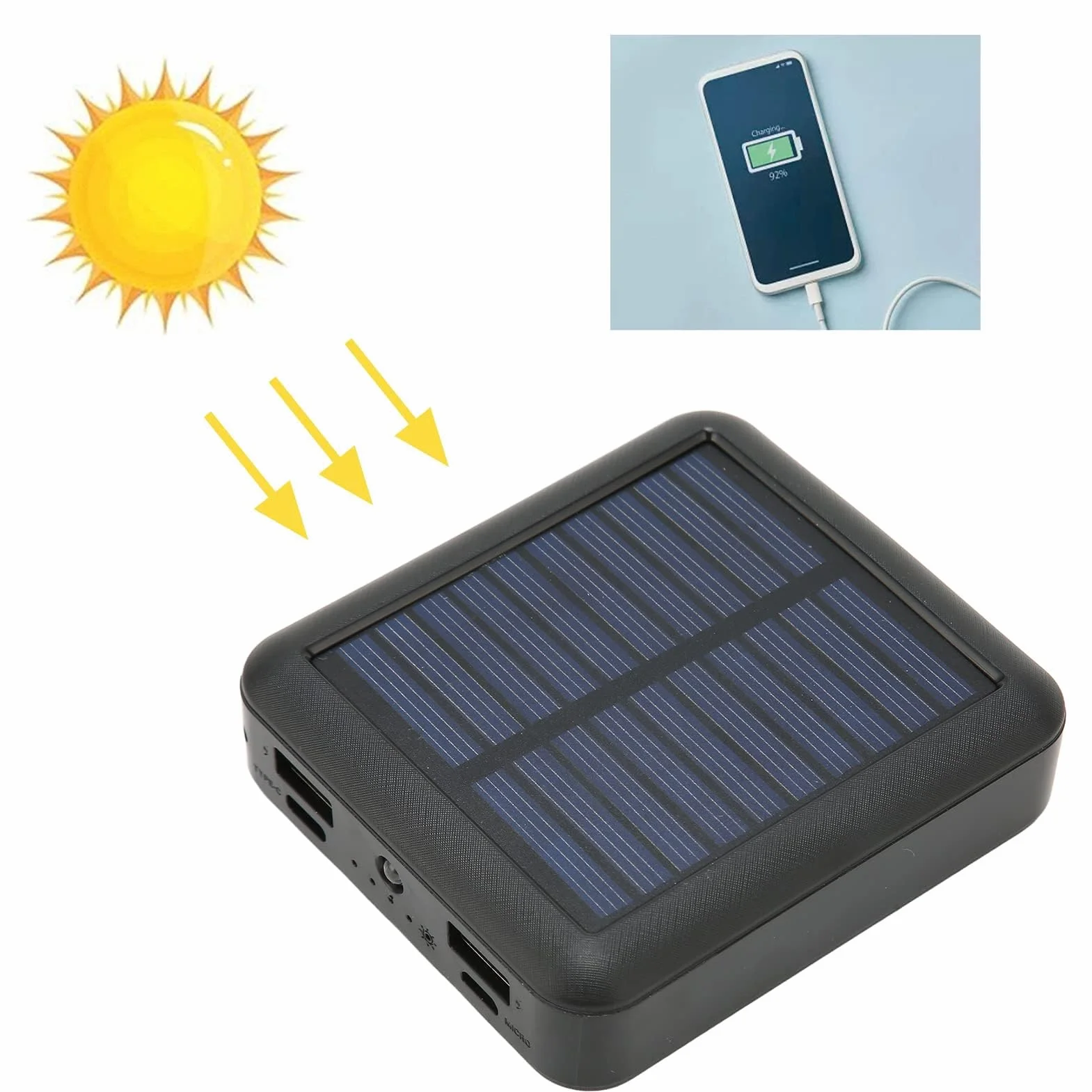 Powerbank na Energię Słoneczną, Przenośna Ładowarka 20000mAh do Pieszych Wędrówek w Podróży, Metody Ładowania: USB C, Port Micro USB (Czarny)