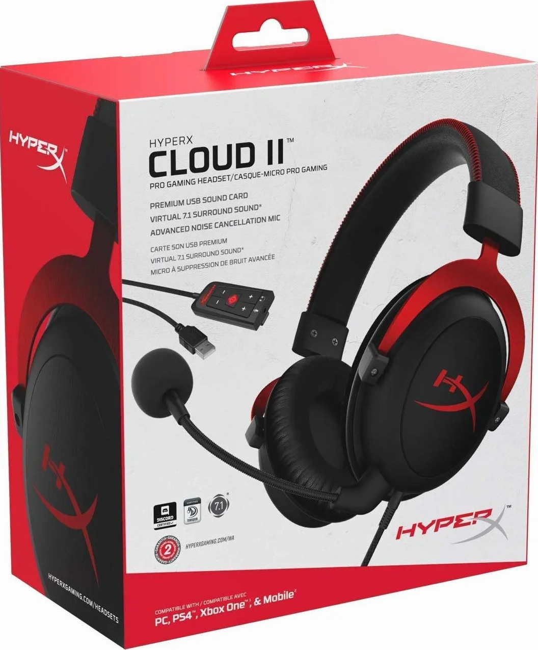 HyperX Cloud II zestaw słuchawkowy do gier, dźwięk przestrzenny 7.1, aluminiowa rama, odłączany mikrofon z redukcją szumów, Hi-Fi ze sterownikami audio 53 mm, kompatybilny z PC/PS4/Xbox/Mac/Mobile/VR,