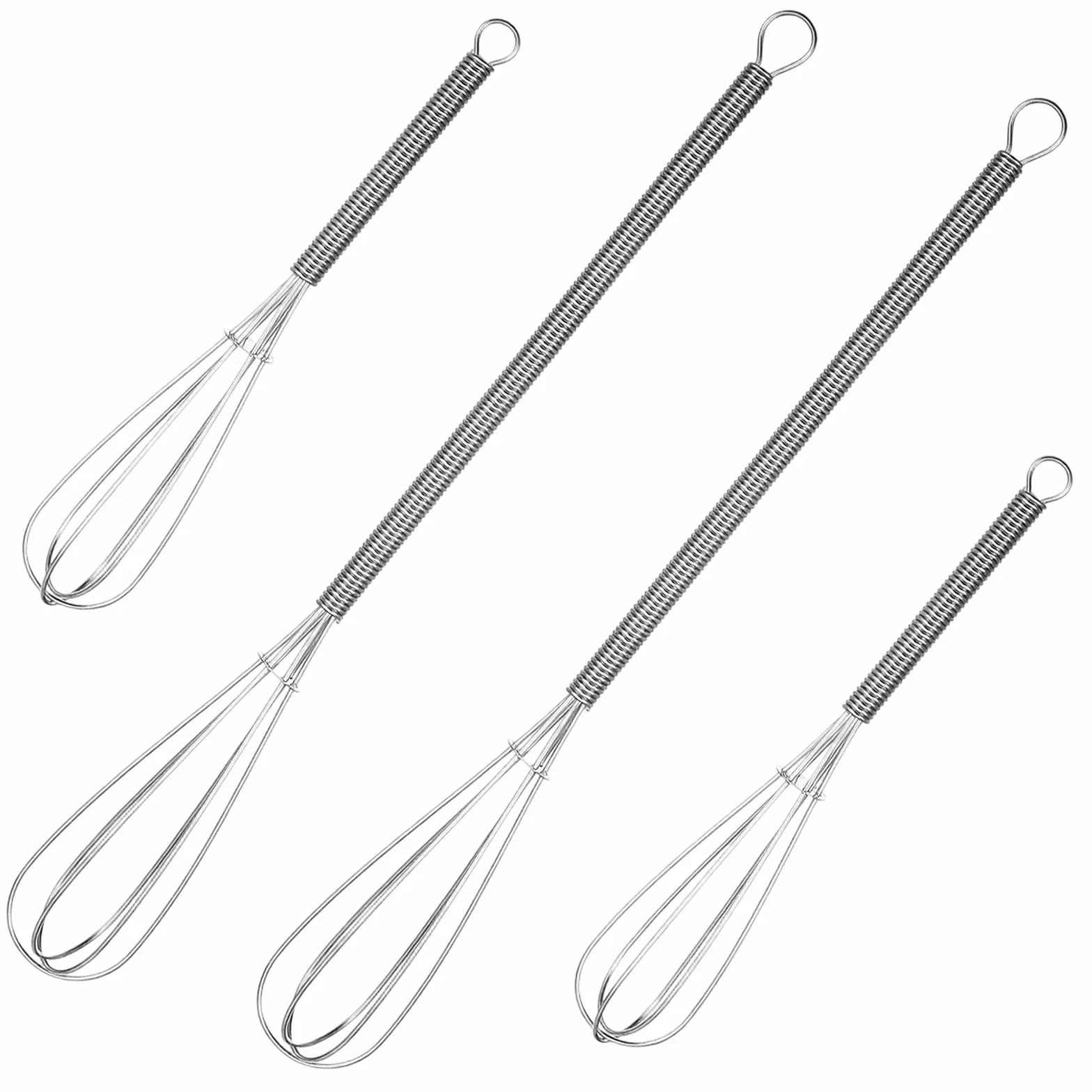 TIESOME 4 małe trzepaczki 15,5 cm i 25,5 cm, ze stali nierdzewnej, ze sprężystymi uchwytami, do ciasta, jajek i śmietany, zestaw przyborów kuchennych (6,1 + 10 cali)