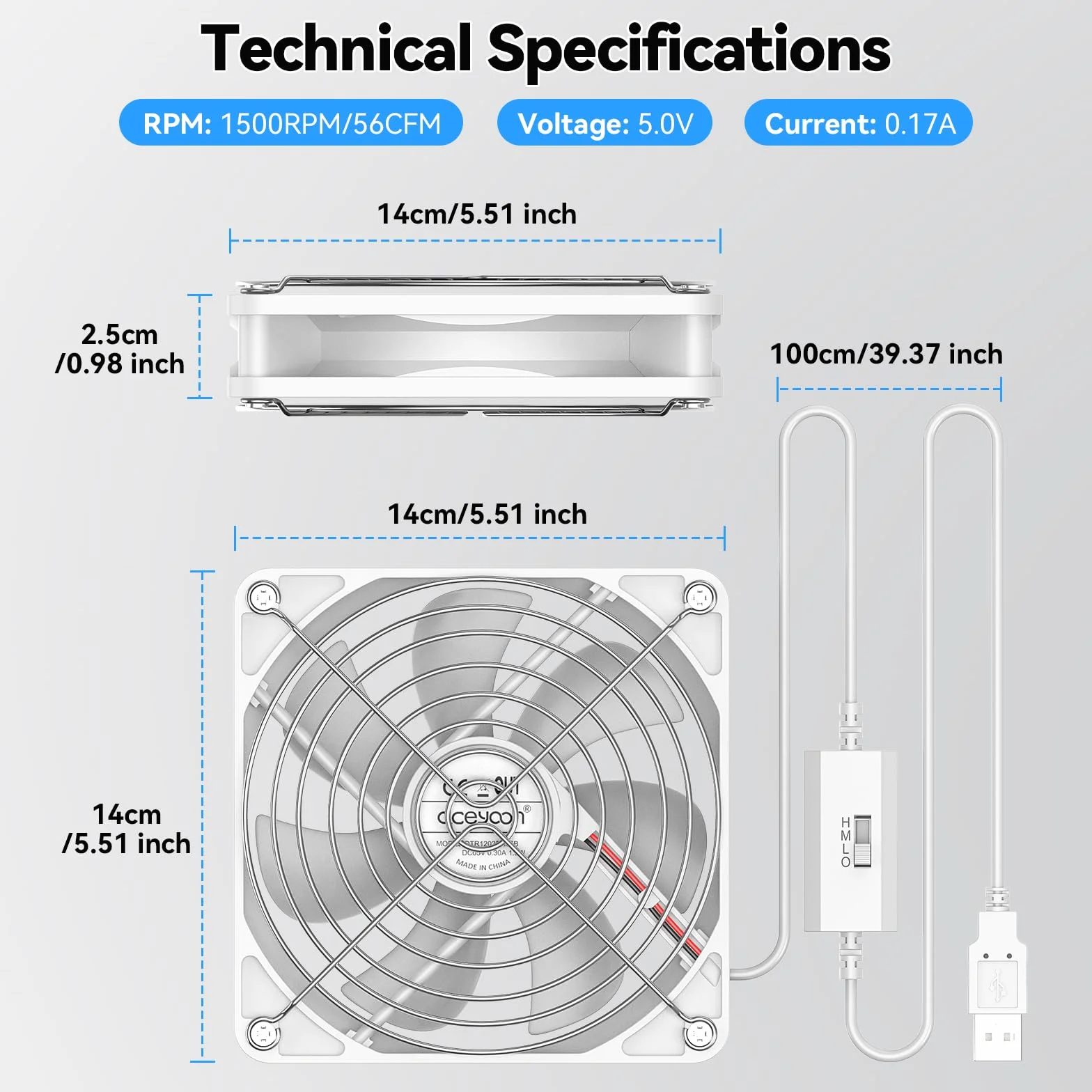 aceyoon Wentylator komputerowy 5 V, 140 mm, biały wentylator USB z 3 regulowanymi prędkościami, wentylator USB z metalową kratką, mini wentylator CPU, chłodnica z metalową kratką, kompatybilny z PS5