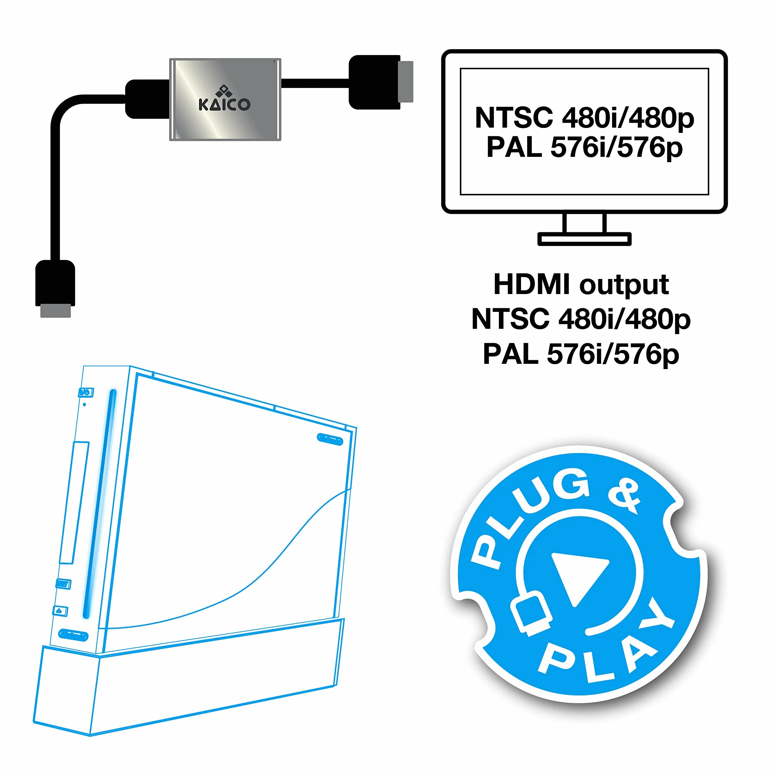 Kaico Adapter Wii na HDMI - Plug & Play, obsługuje NTSC i PAL