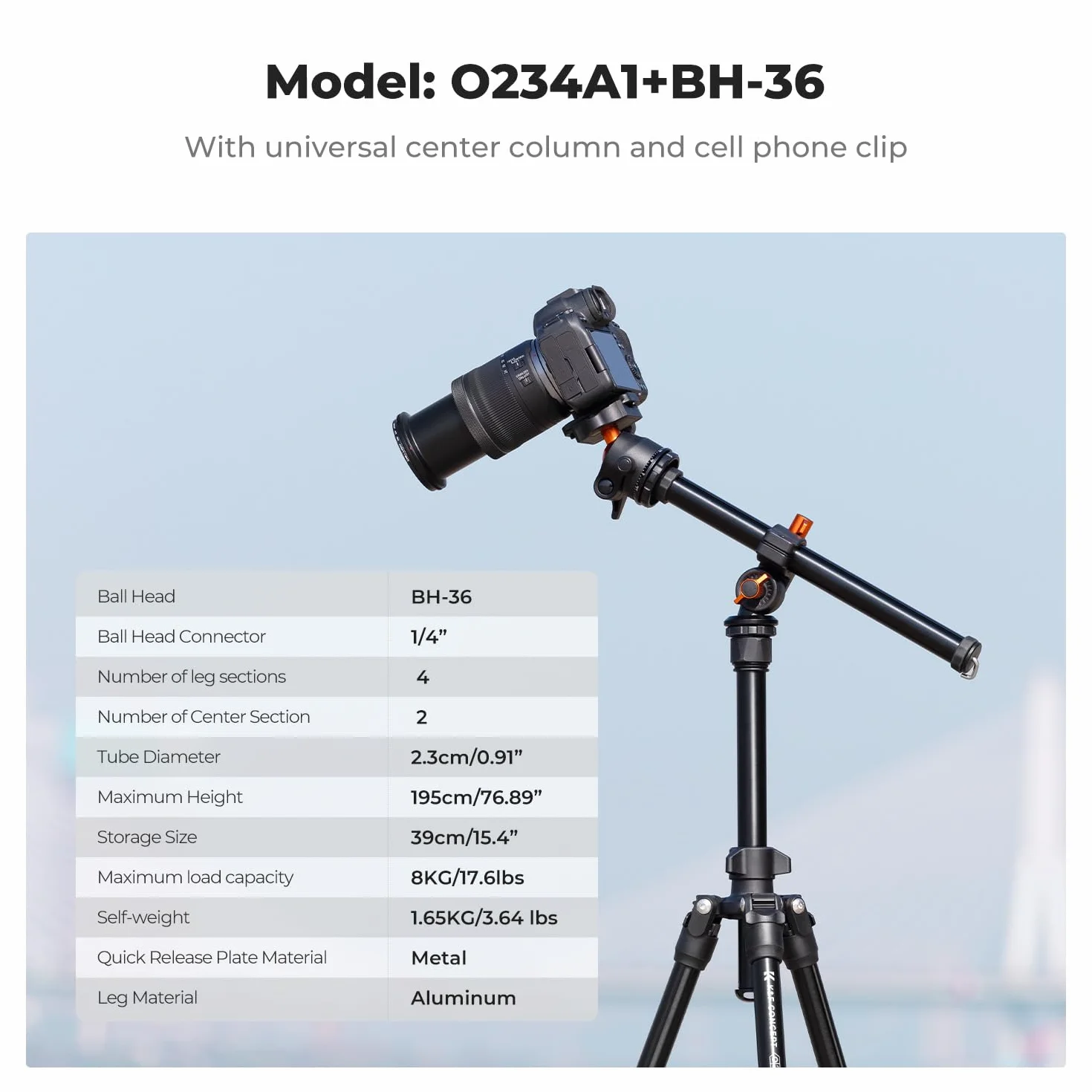 K&F Concept K234A0 statyw do aparatu z ramieniem wysięgnikowym, 163 cm statyw do telefonu komórkowego, tripod do podróży, statyw do smartfona z uchwytem na telefon komórkowy, aluminiowy statyw