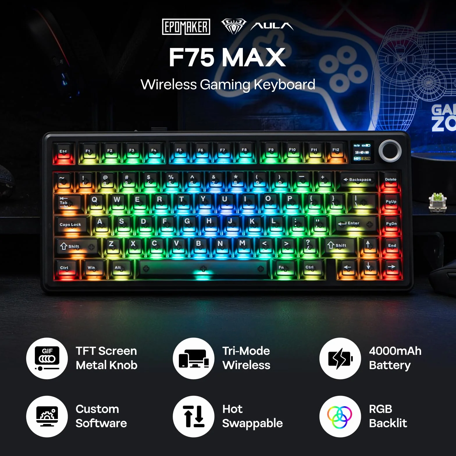 EPOMAKER Aula F75 MAX Bezprzewodowa mechaniczna klawiatura do gier 75% TFT pokrętło czarny matowy Reaper