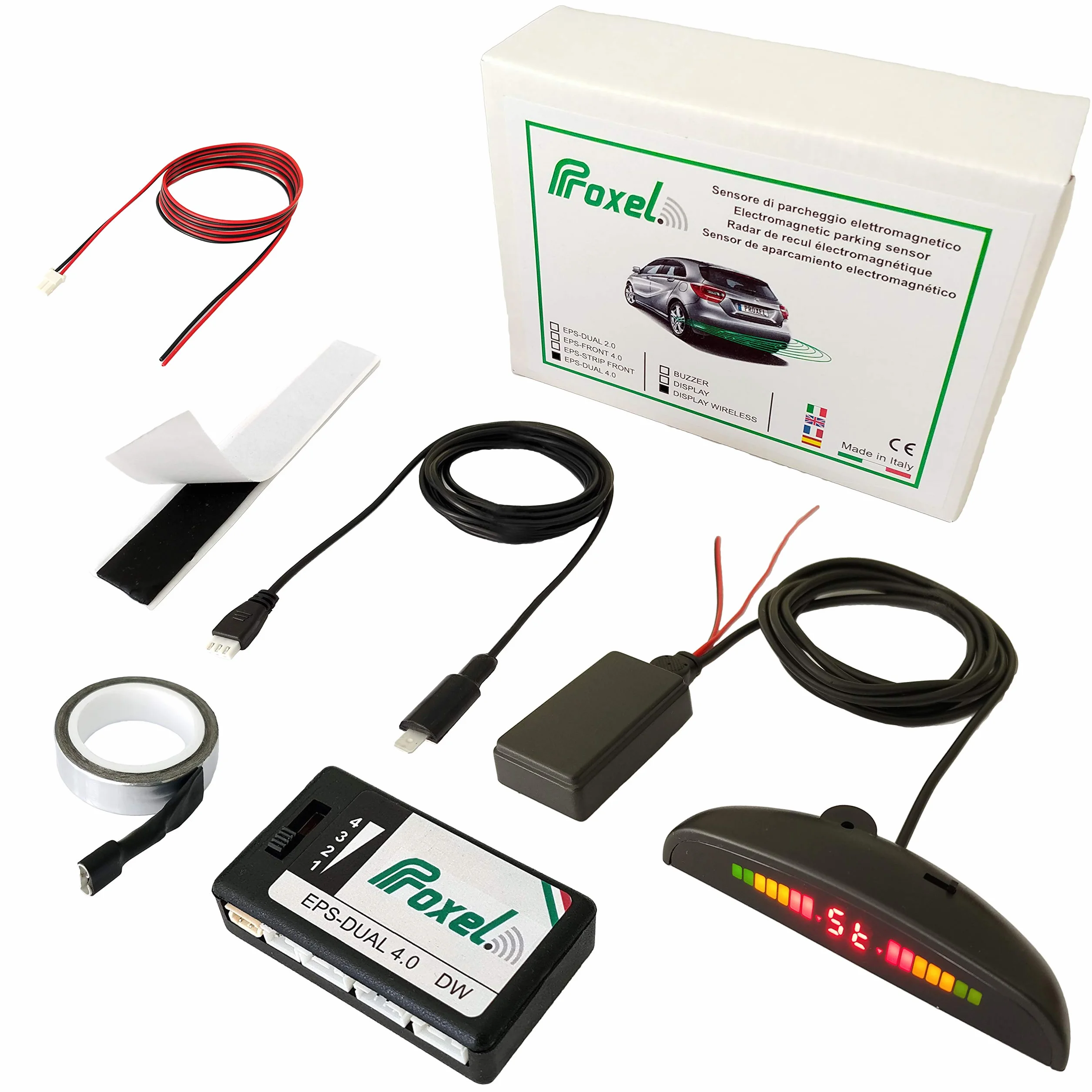 Proxel - Niewidoczne Elektromagnetyczne Czujniki Parkowania EPS-DUAL 4.0 z Bezprzewodowym Wyświetlaczem, z tyłu bez Wiercenia w Zderzakach, Zestaw Uniwersalny i Oryginalna